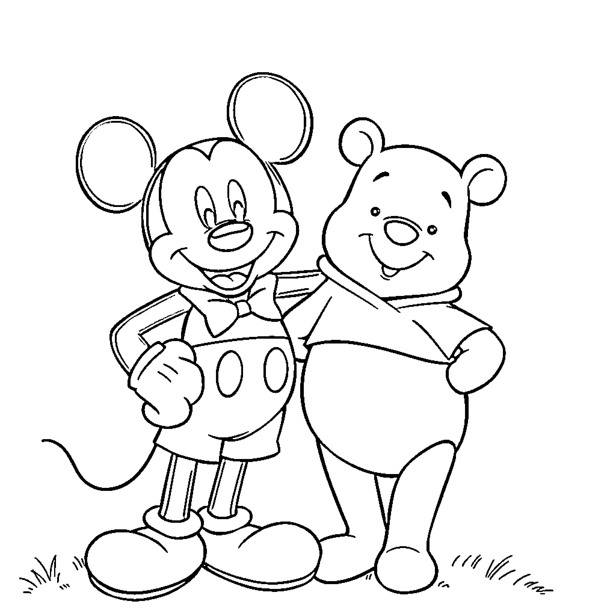 Mickey Mouse and Winnie the Pooh enjoying together Coloring Page (free black-and-white line drawing printable PDF for all, from beginners to advanced learners, including children, teens, adults, and seniors)