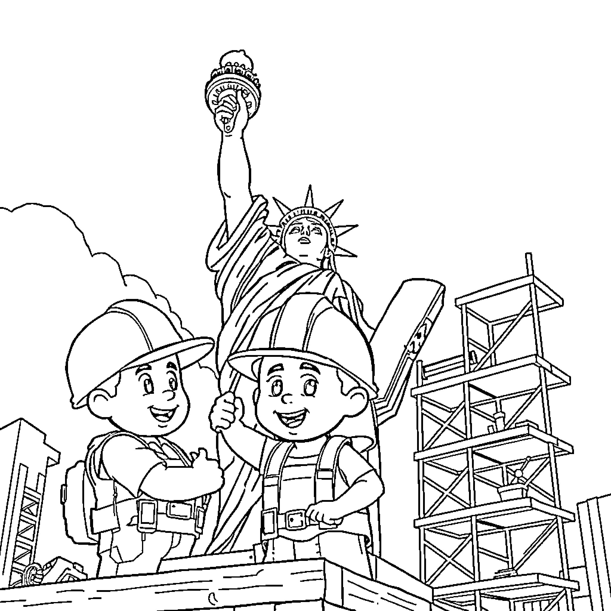 Bob the Builder visiting the Statue of Liberty construction site Coloring Page (free black-and-white line drawing printable PDF for all, from beginners to advanced learners, including children, teens, adults, and seniors)