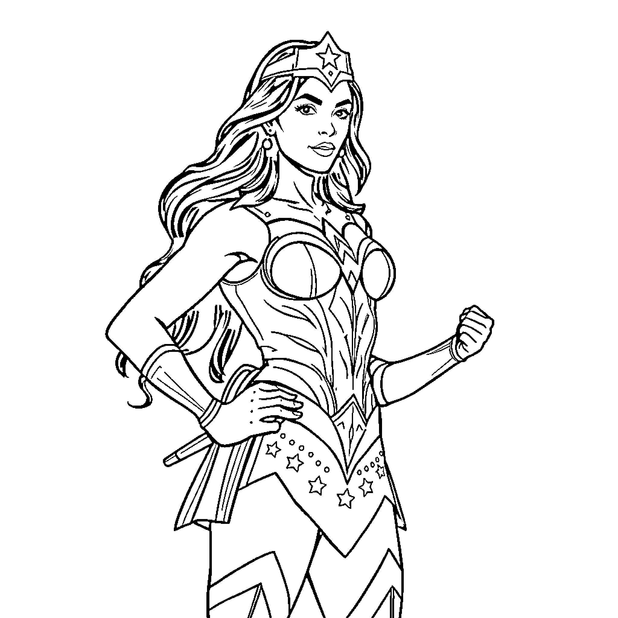 Alexandria Ocasio-Cortez striking a heroic pose Coloring Page (free black-and-white line drawing printable PDF for all, from beginners to advanced learners, including children, teens, adults, and seniors)