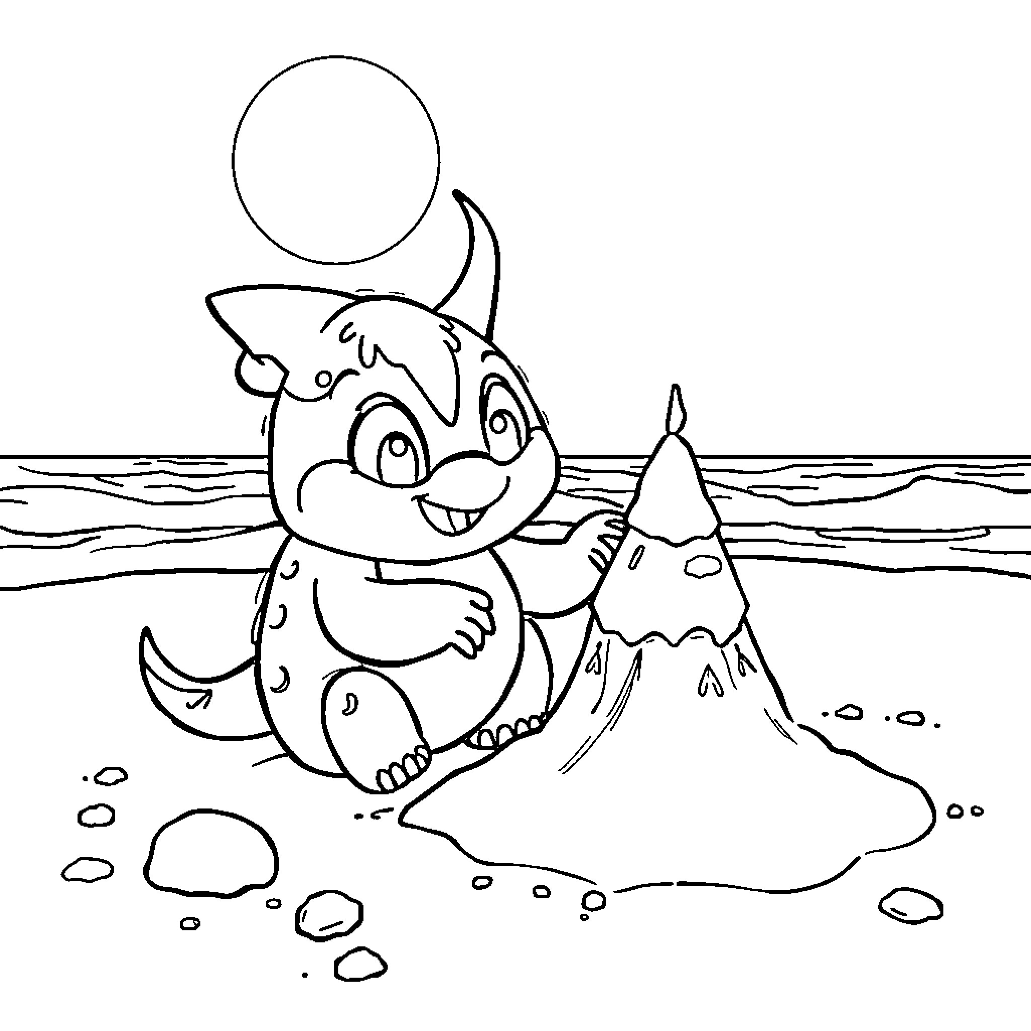 SNOM playing happily by the sea Coloring Page (free black-and-white line drawing printable PDF for all, from beginners to advanced learners, including children, teens, adults, and seniors)