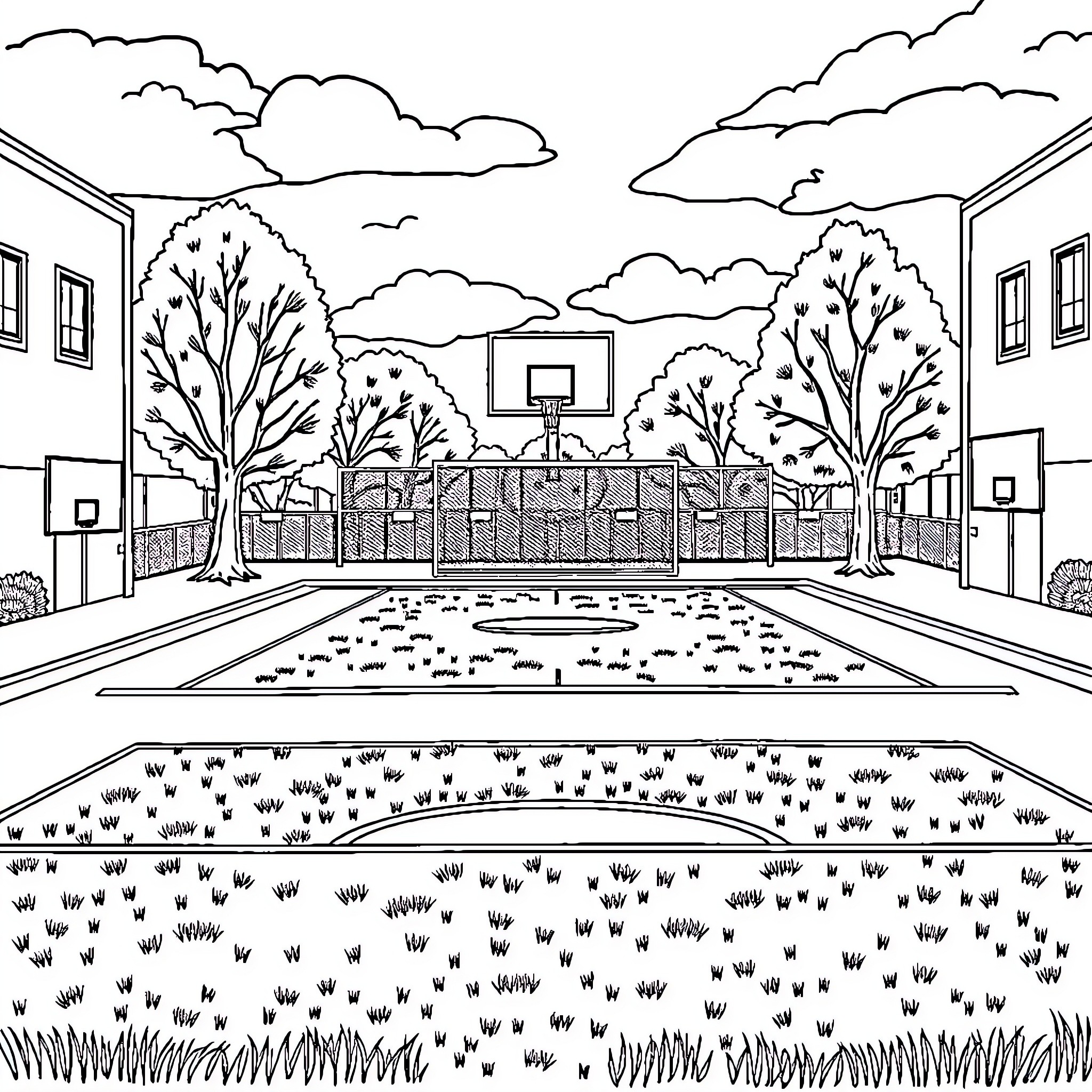 Field of play in a scenic school courtyard Coloring Page (free black-and-white line drawing printable PDF for all, from beginners to advanced learners, including children, teens, adults, and seniors)