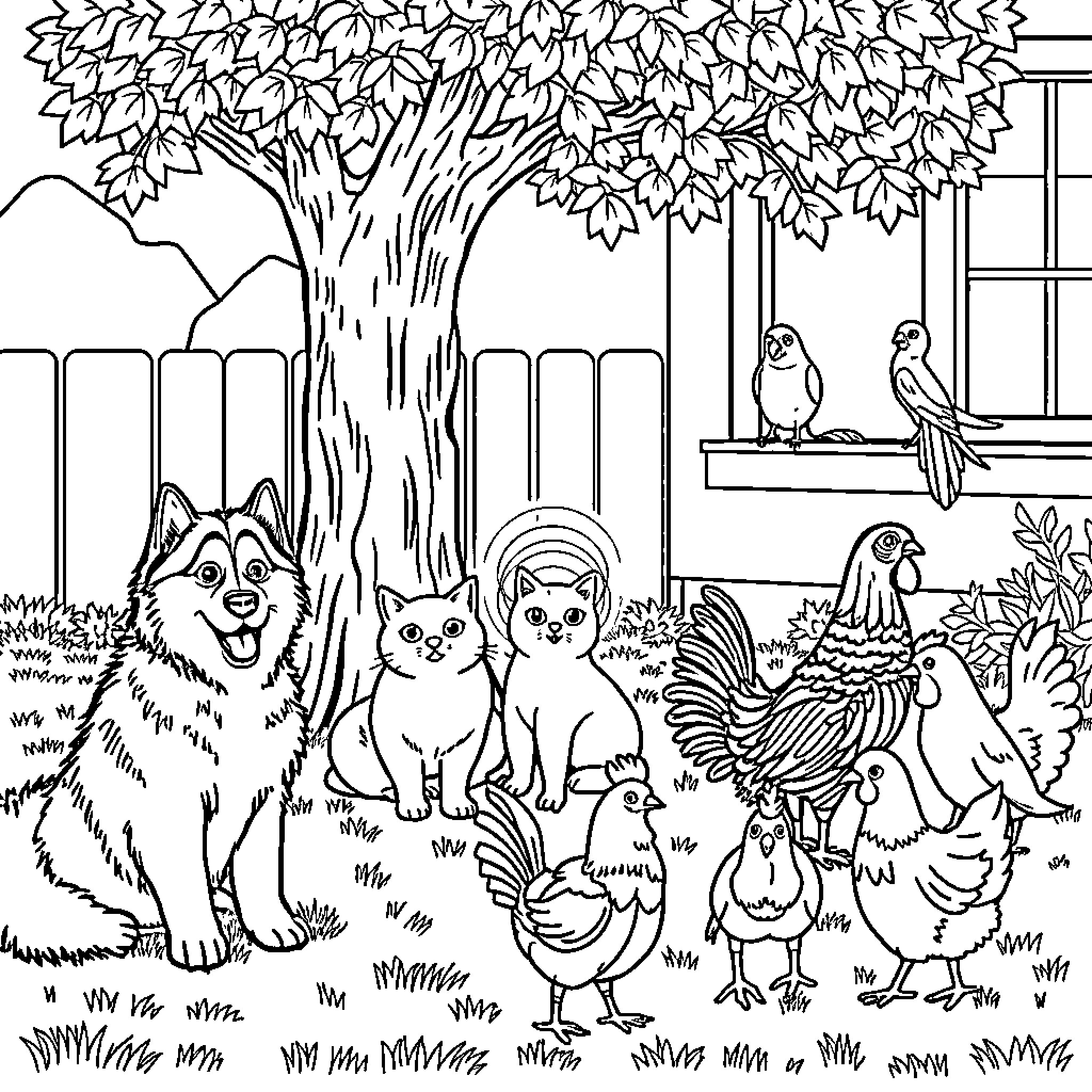 Husky, cats, and chickens enjoying outdoor scene Coloring Page (free black-and-white line drawing printable PDF for all, from beginners to advanced learners, including children, teens, adults, and seniors)