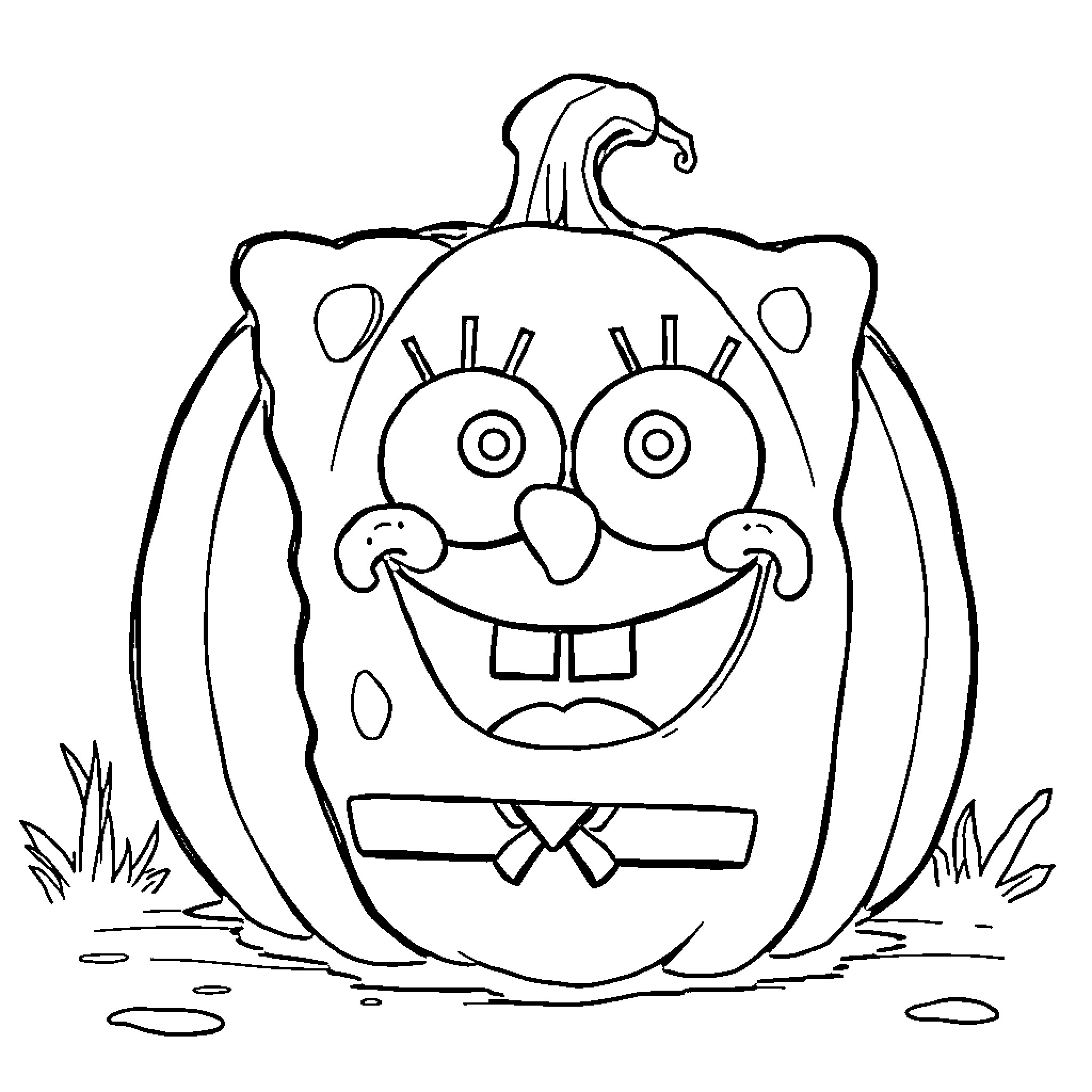 Spongebob Pumpkin with a Silly Expression Coloring Page (free black-and-white line drawing printable PDF for all, from beginners to advanced learners, including children, teens, adults, and seniors)