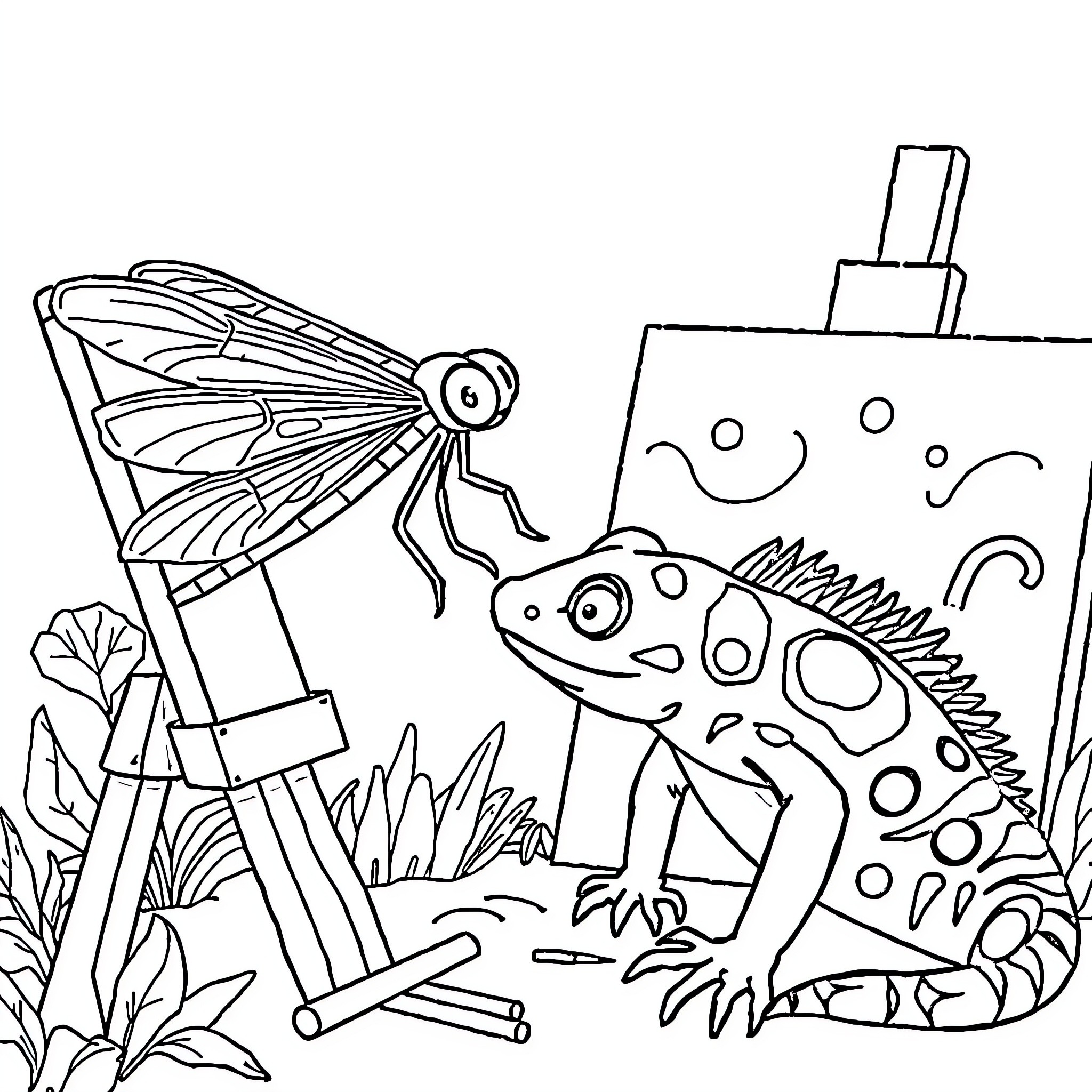 Dragonfly and Curious Lizard Explore Nature Coloring Page (free black-and-white line drawing printable PDF for all, from beginners to advanced learners, including children, teens, adults, and seniors)