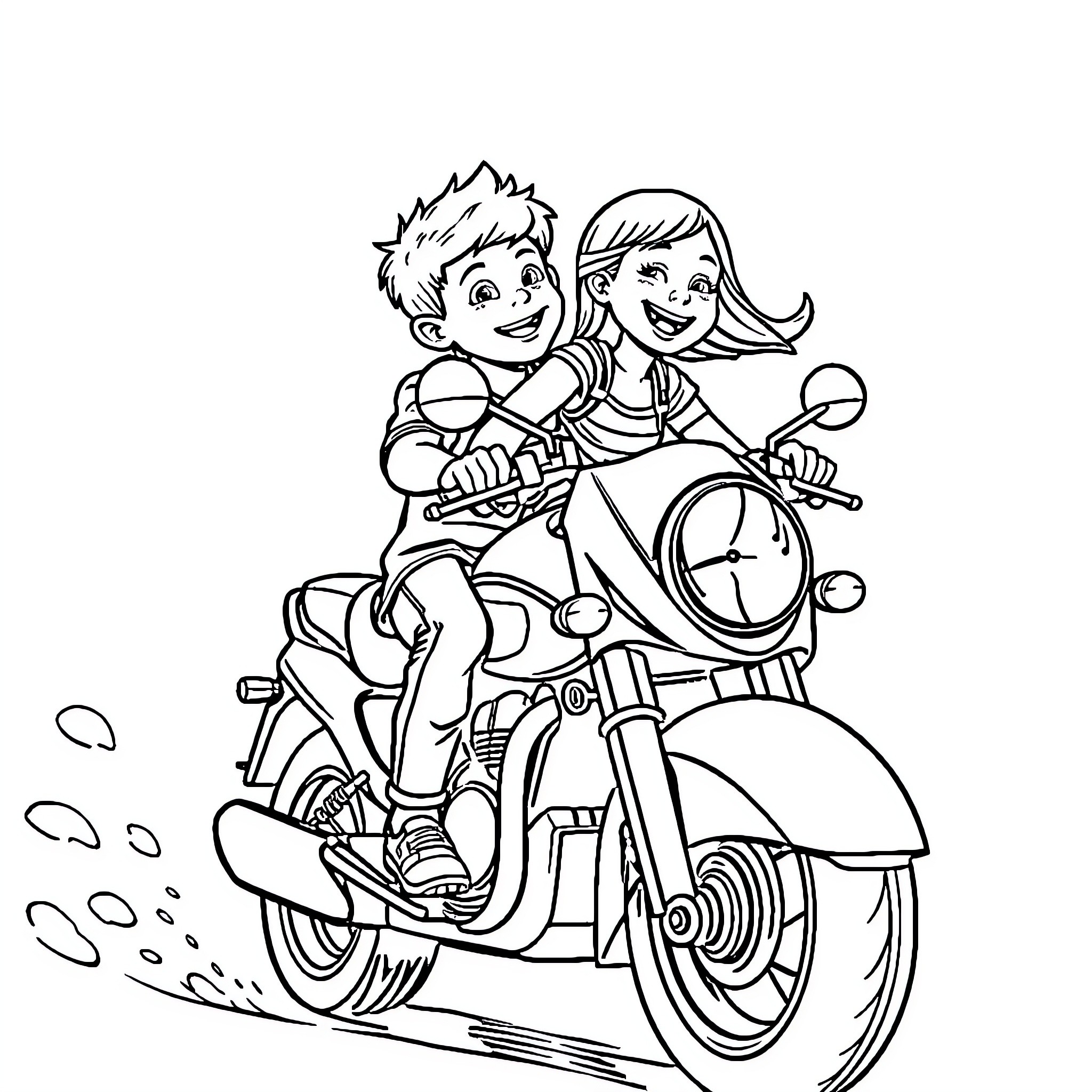 Motorcycle Ride with Cheerful Young Couple Coloring Page (free black-and-white line drawing printable PDF for all, from beginners to advanced learners, including children, teens, adults, and seniors)