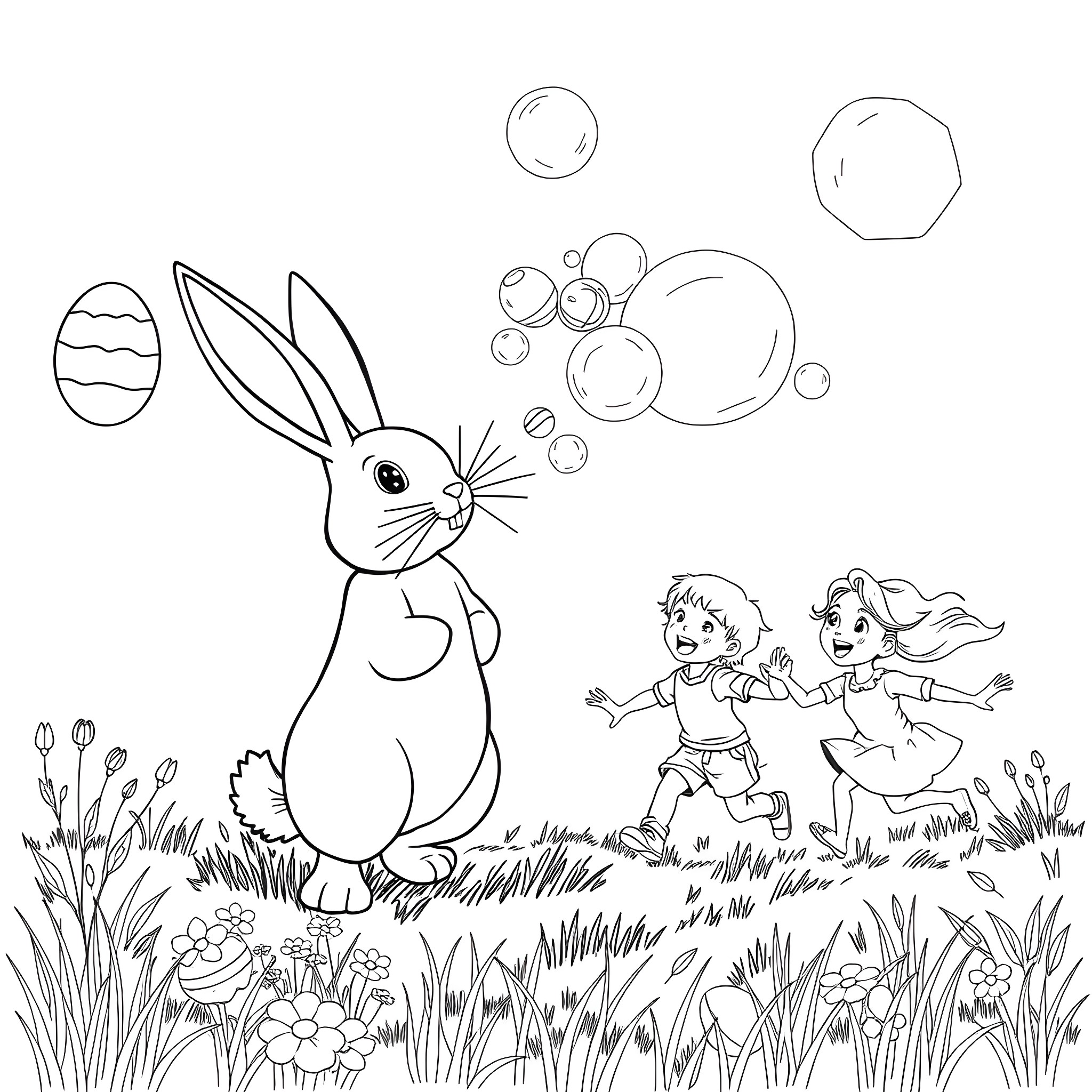 Bunny hopping amidst playful children and bubbles Coloring Page (free black-and-white line drawing printable PDF for all, from beginners to advanced learners, including children, teens, adults, and seniors)
