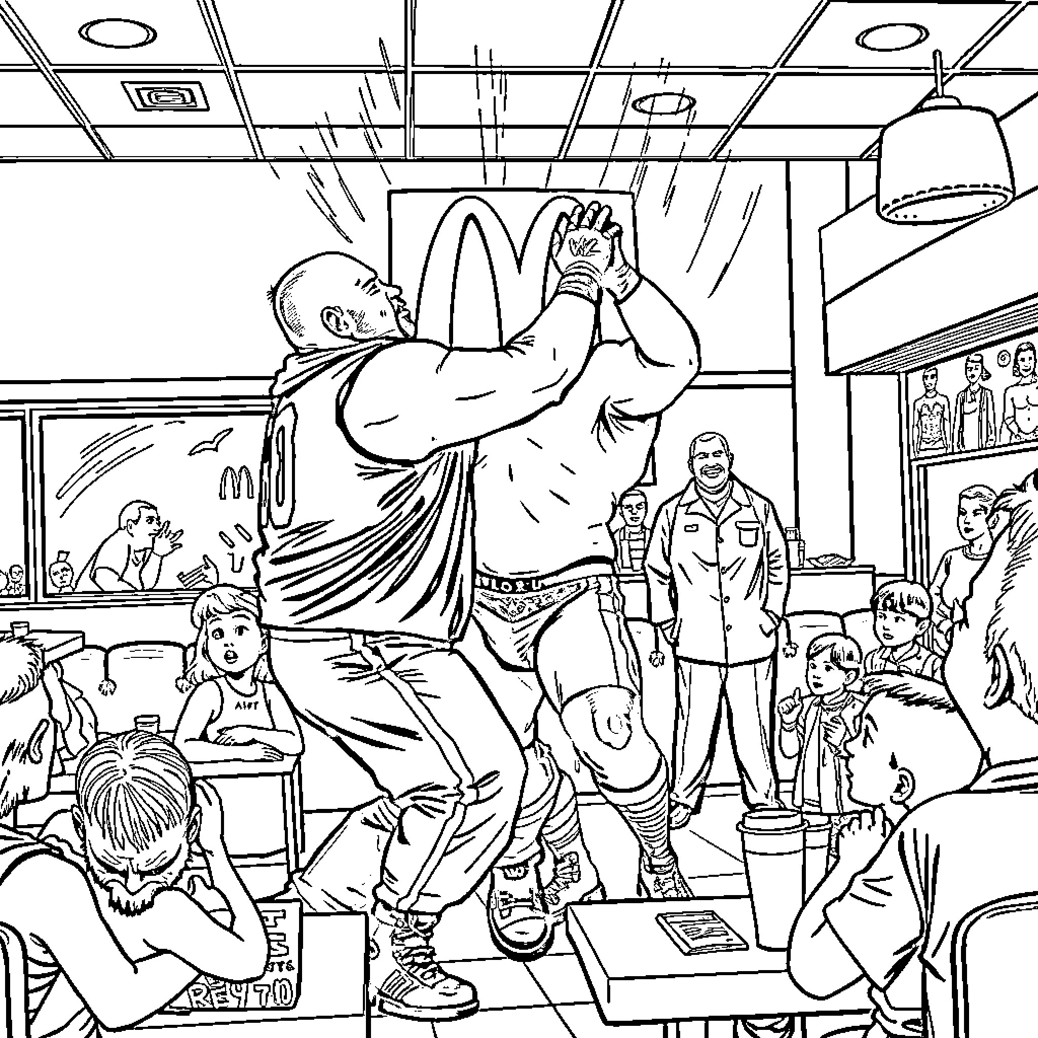 Randy Orton displaying powerful wrestling maneuver in a chaotic scene Coloring Page (free black-and-white line drawing printable PDF for all, from beginners to advanced learners, including children, teens, adults, and seniors)