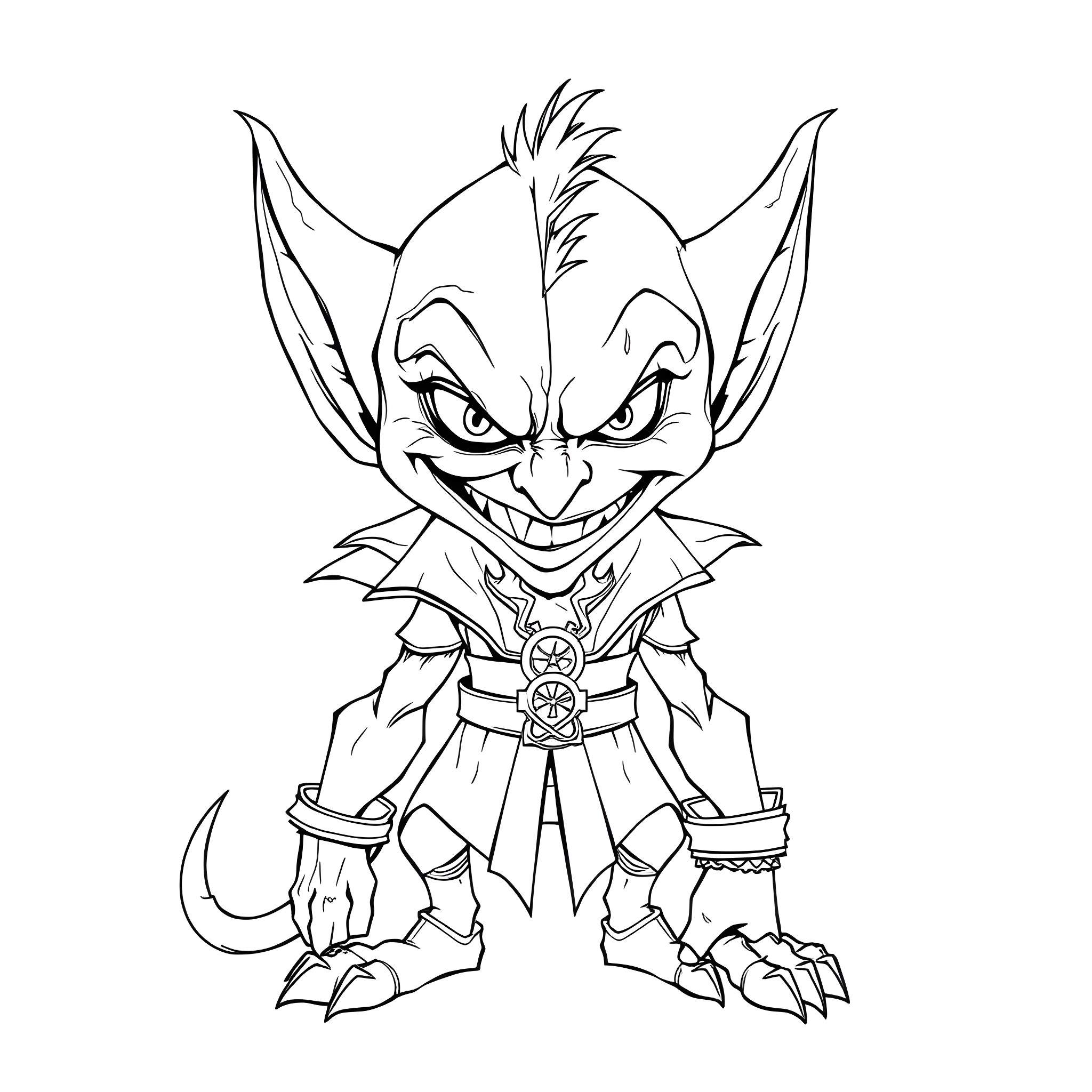 Goblin Warrior with Fierce Expression and Armored Outfit Coloring Page (free black-and-white line drawing printable PDF for all, from beginners to advanced learners, including children, teens, adults, and seniors)