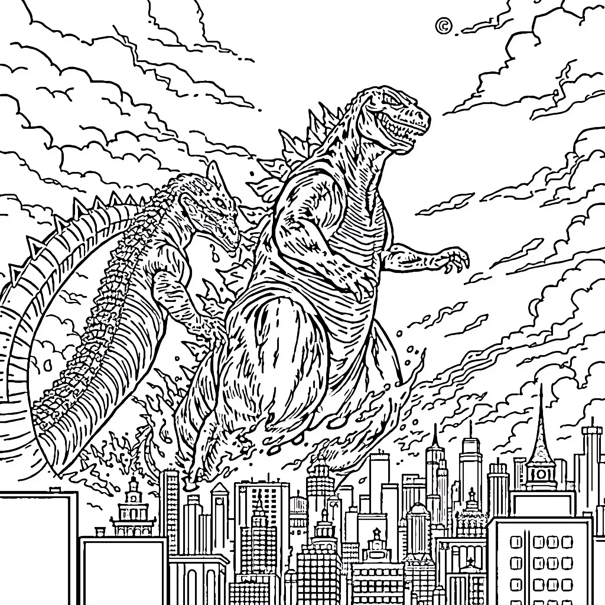 Godzilla rampaging through a cityscape Coloring Page (free black-and-white line drawing printable PDF for all, from beginners to advanced learners, including children, teens, adults, and seniors)