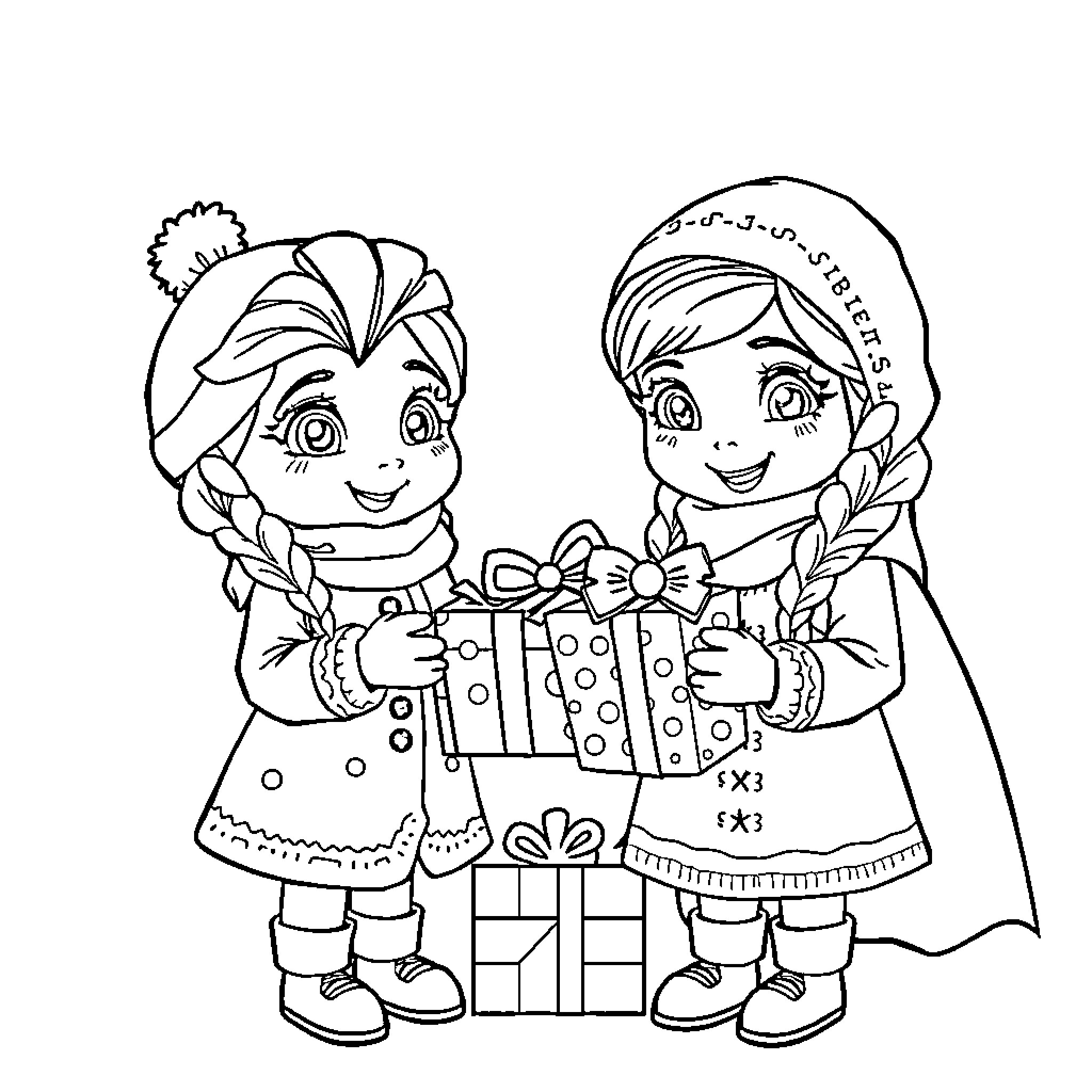 Elsa and Anna exchanging gifts happily Coloring Page (free black-and-white line drawing printable PDF for all, from beginners to advanced learners, including children, teens, adults, and seniors)