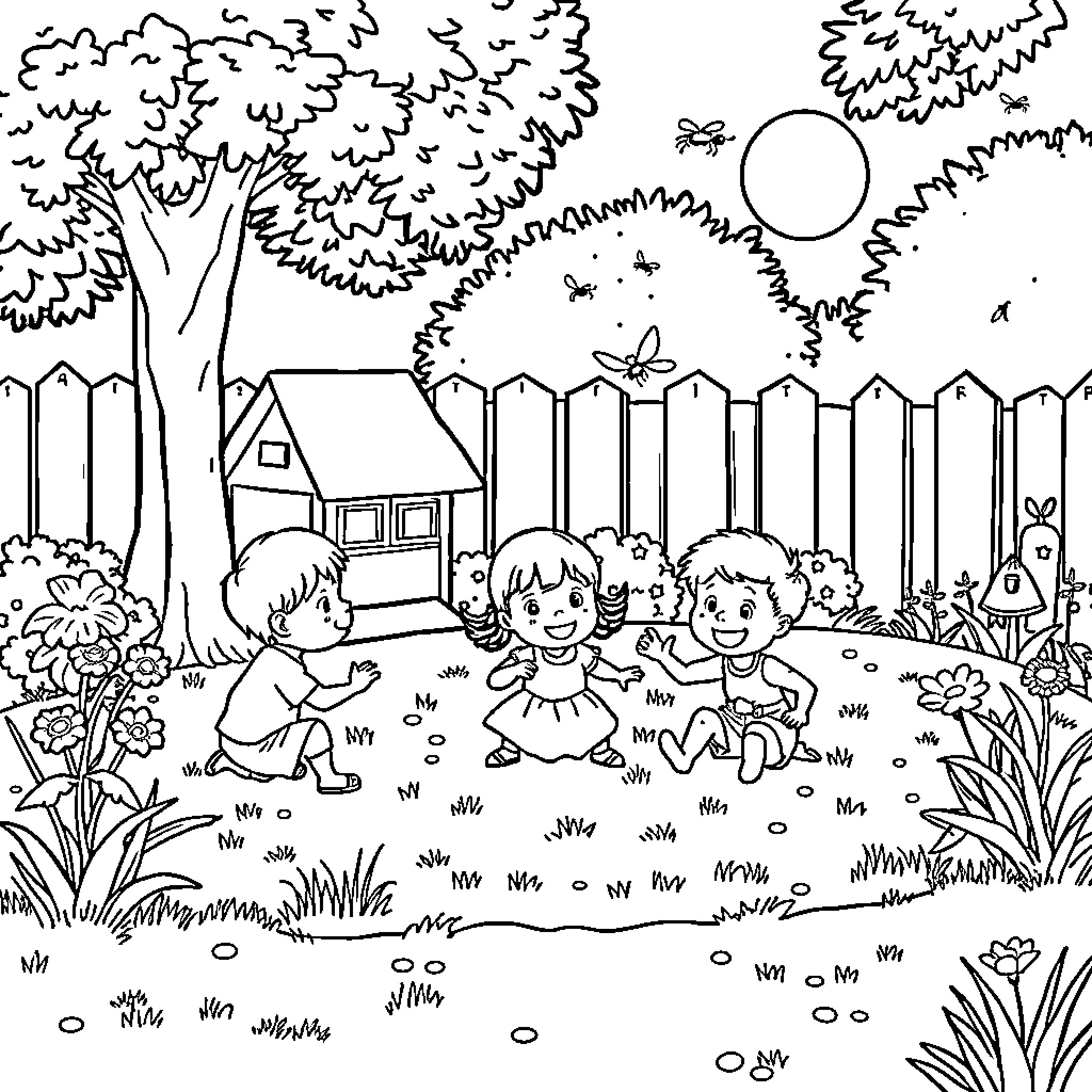 Children playing joyfully in a lush garden Coloring Page (free black-and-white line drawing printable PDF for all, from beginners to advanced learners, including children, teens, adults, and seniors)