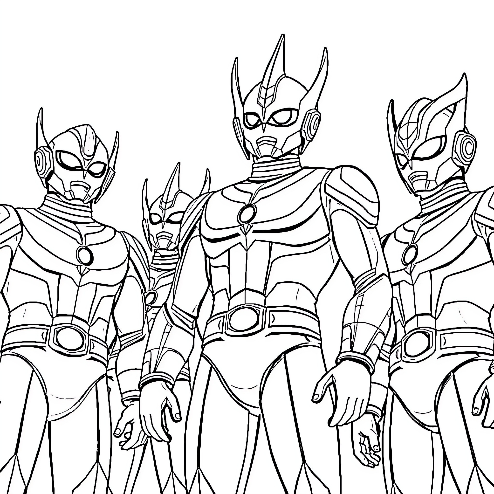 Ultraman heroes in heroic poses Coloring Page (free black-and-white line drawing printable PDF for all, from beginners to advanced learners, including children, teens, adults, and seniors)