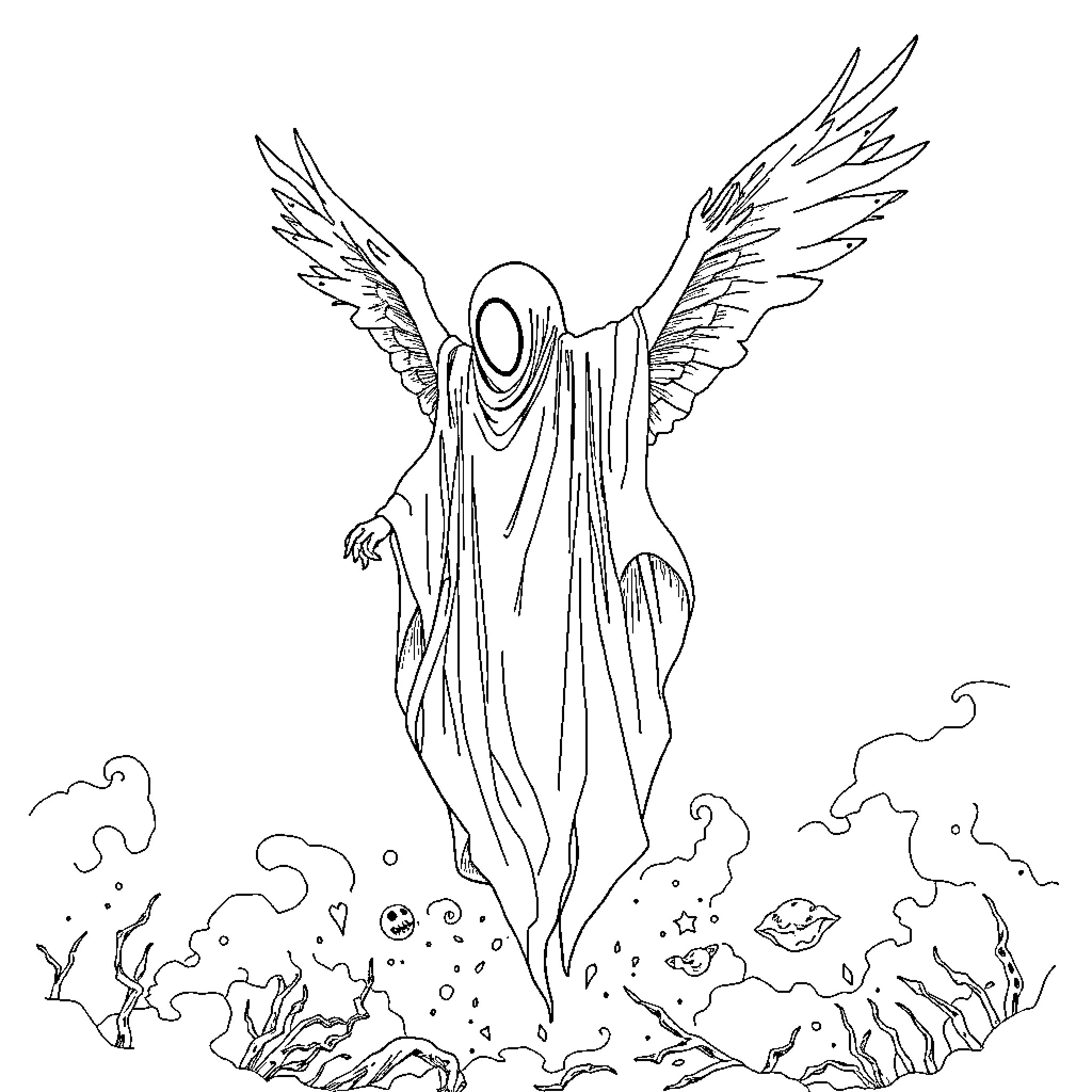 Ghost of an ethereal being ascending Coloring Page (free black-and-white line drawing printable PDF for all, from beginners to advanced learners, including children, teens, adults, and seniors)