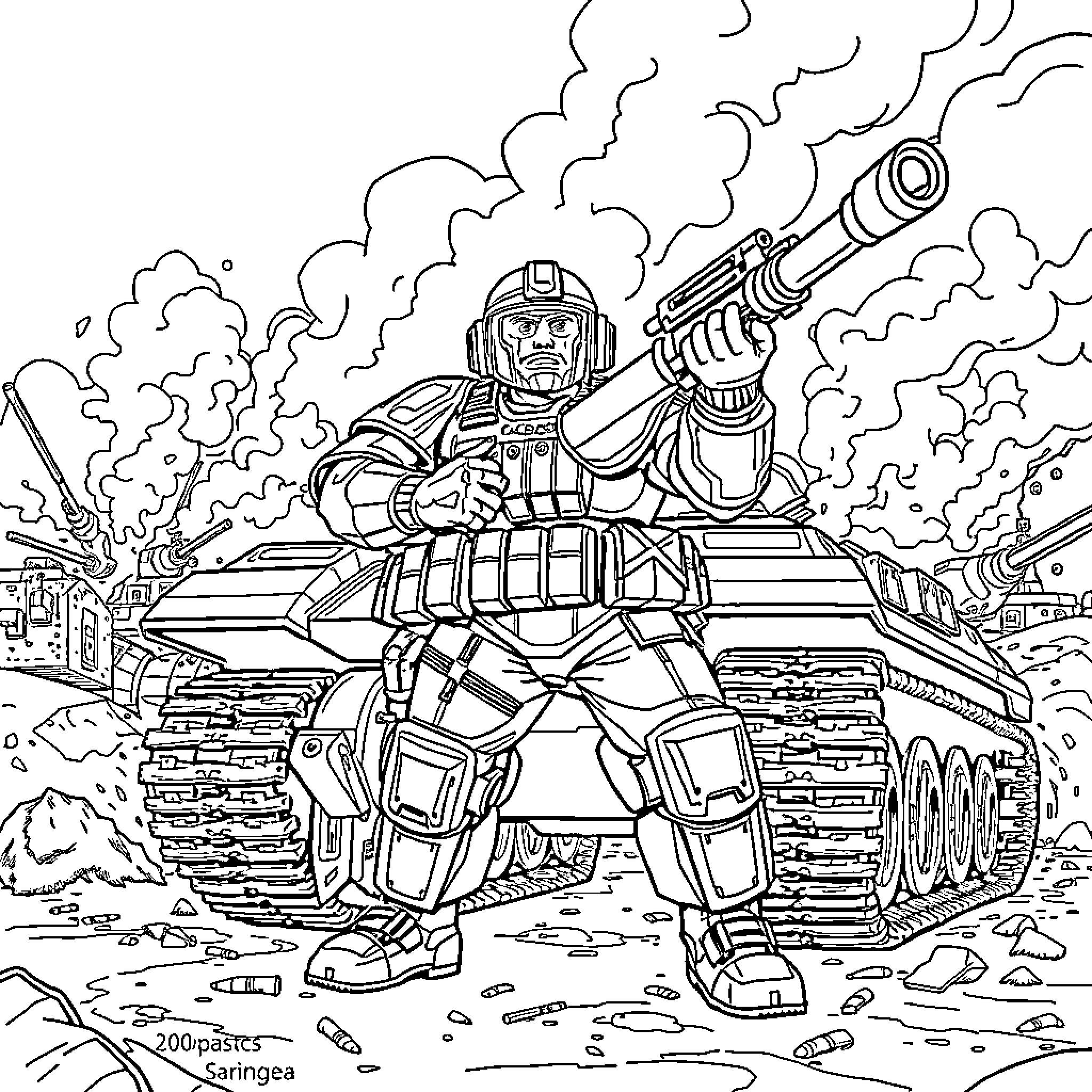 Tank Dempsey in Fierce Battlefield Combat Coloring Page (free black-and-white line drawing printable PDF for all, from beginners to advanced learners, including children, teens, adults, and seniors)