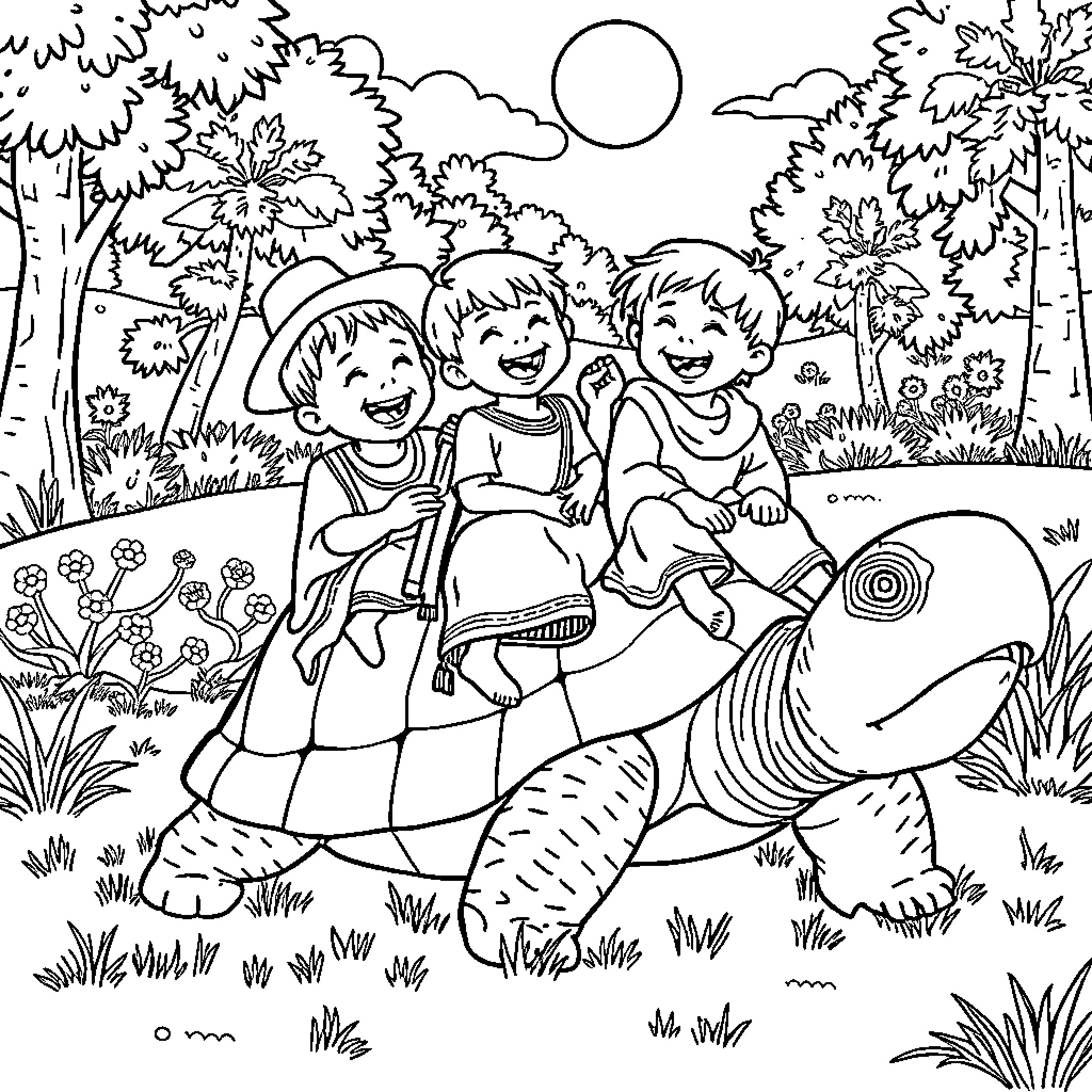 Child Enjoying Playful Adventure with Friends in Nature Coloring Page (free black-and-white line drawing printable PDF for all, from beginners to advanced learners, including children, teens, adults, and seniors)