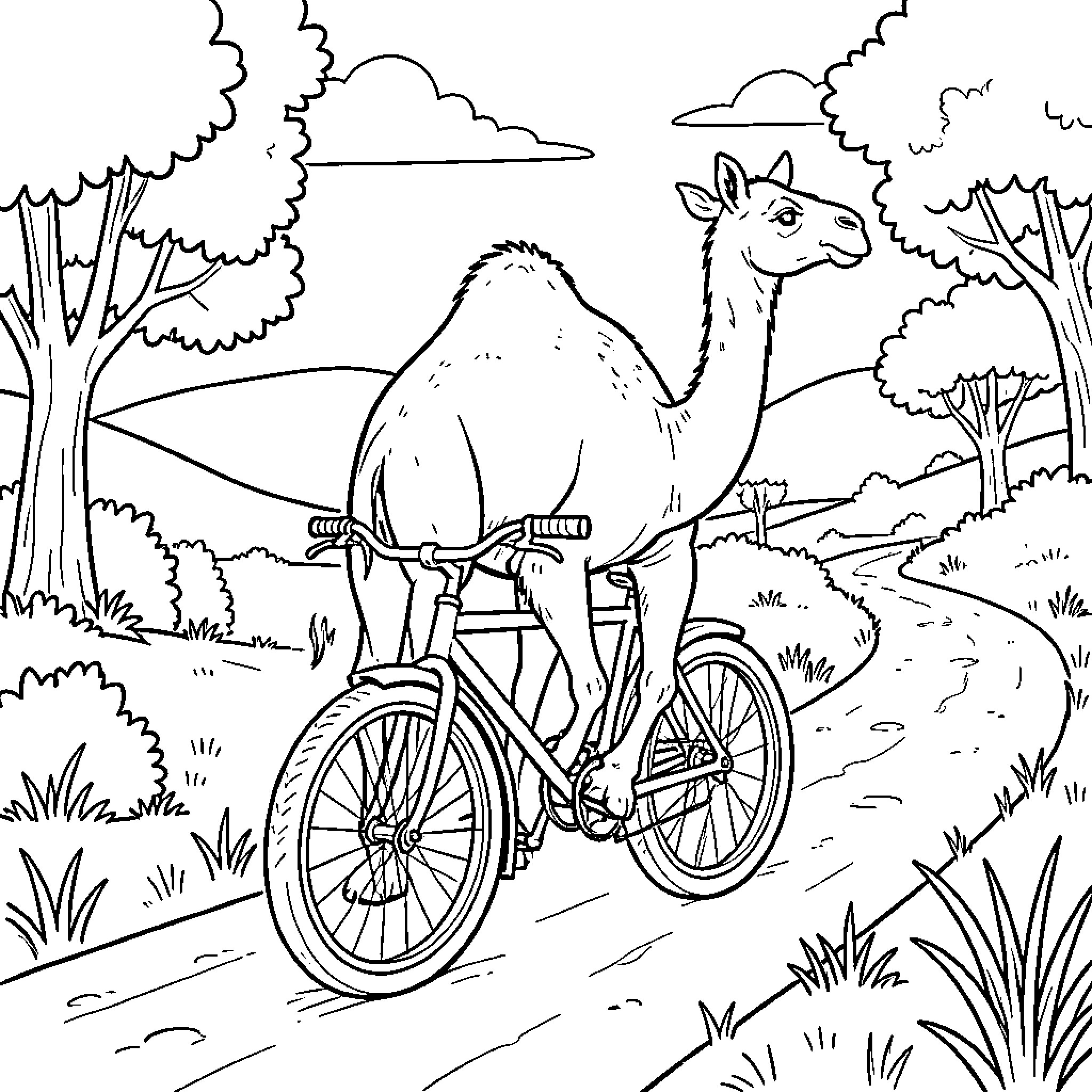Dromedary riding a bicycle along a scenic path Coloring Page (free black-and-white line drawing printable PDF for all, from beginners to advanced learners, including children, teens, adults, and seniors)
