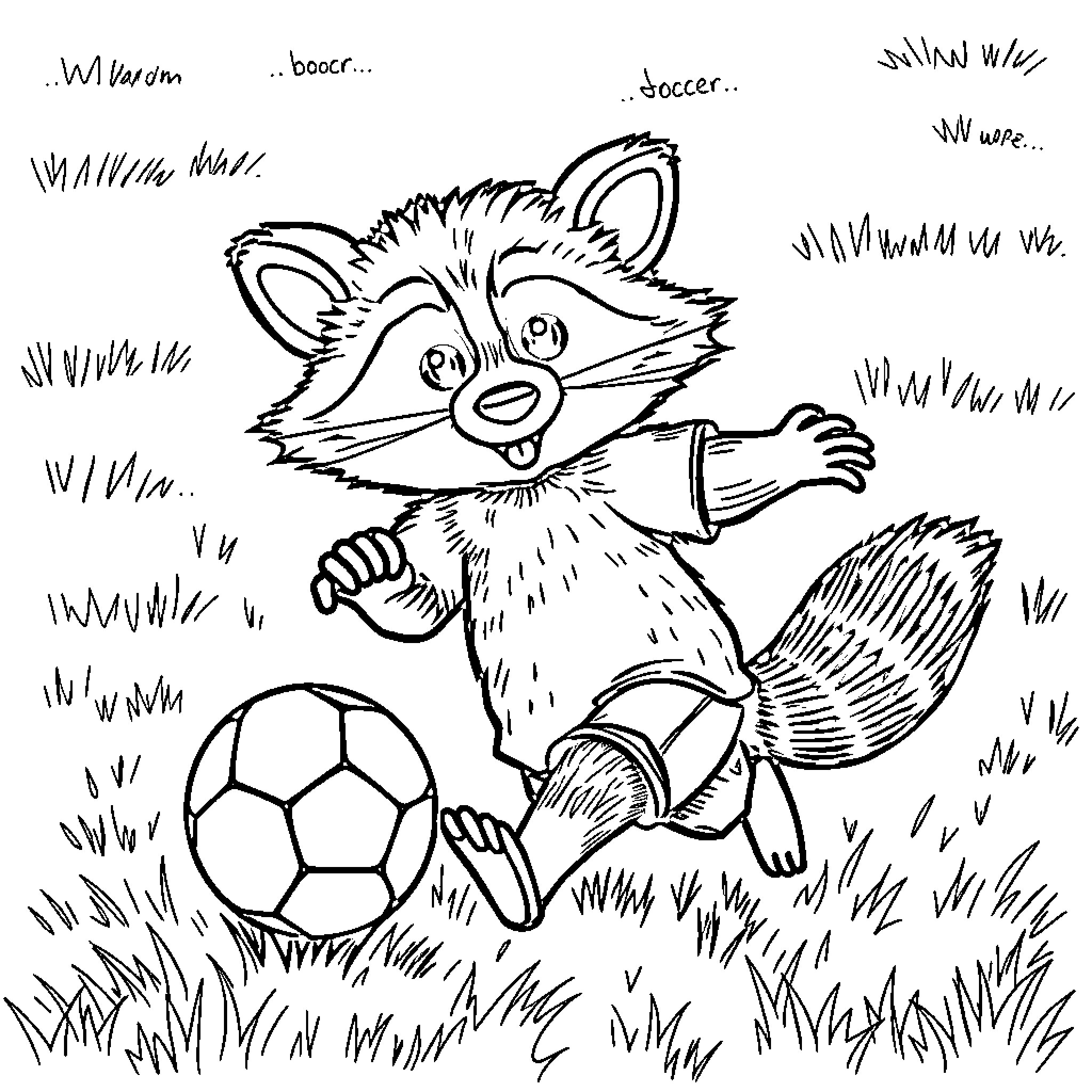 Raccoon Playing with Soccer Ball in the Grass Coloring Page (free black-and-white line drawing printable PDF for all, from beginners to advanced learners, including children, teens, adults, and seniors)