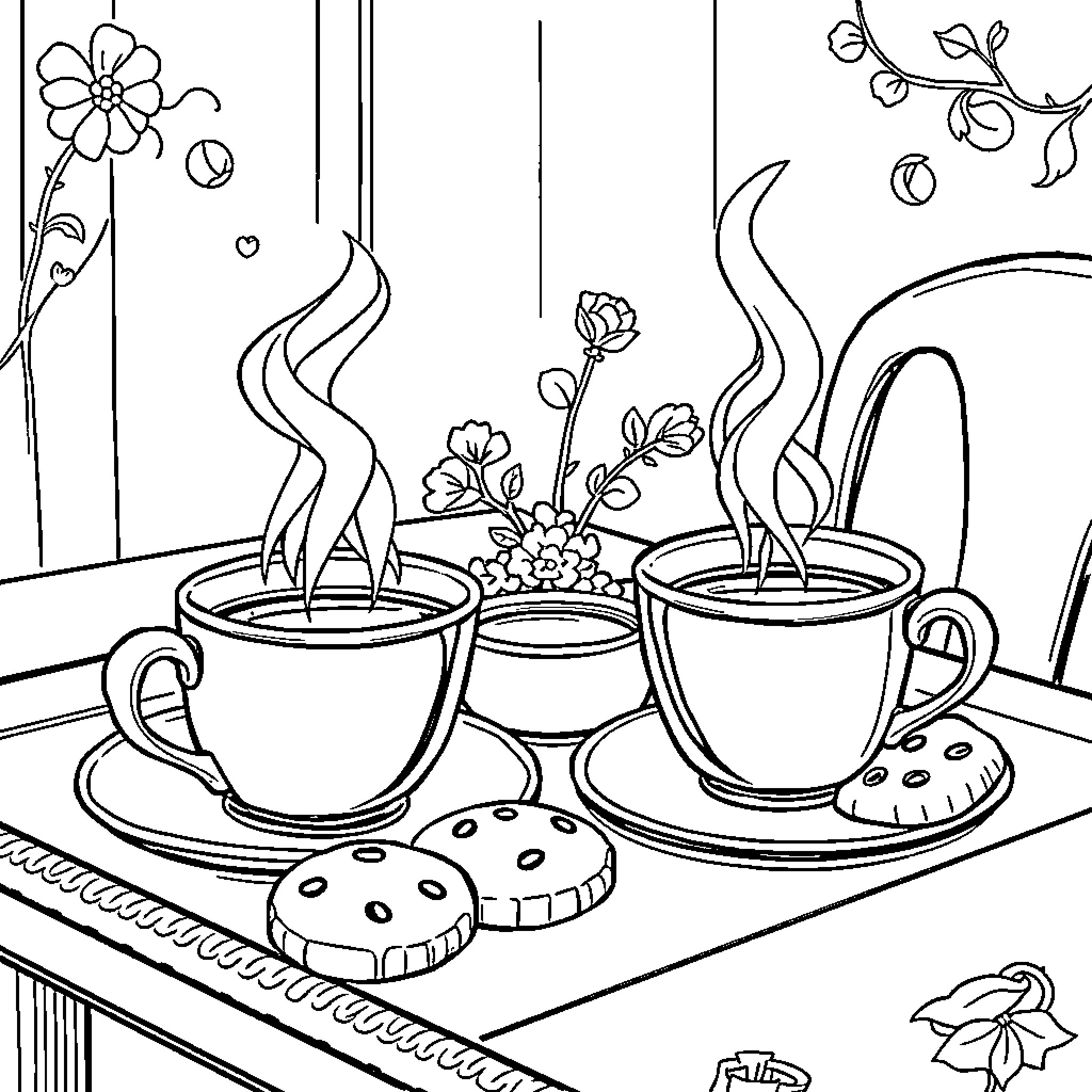 Tea time with floral decor Coloring Page (free black-and-white line drawing printable PDF for all, from beginners to advanced learners, including children, teens, adults, and seniors)