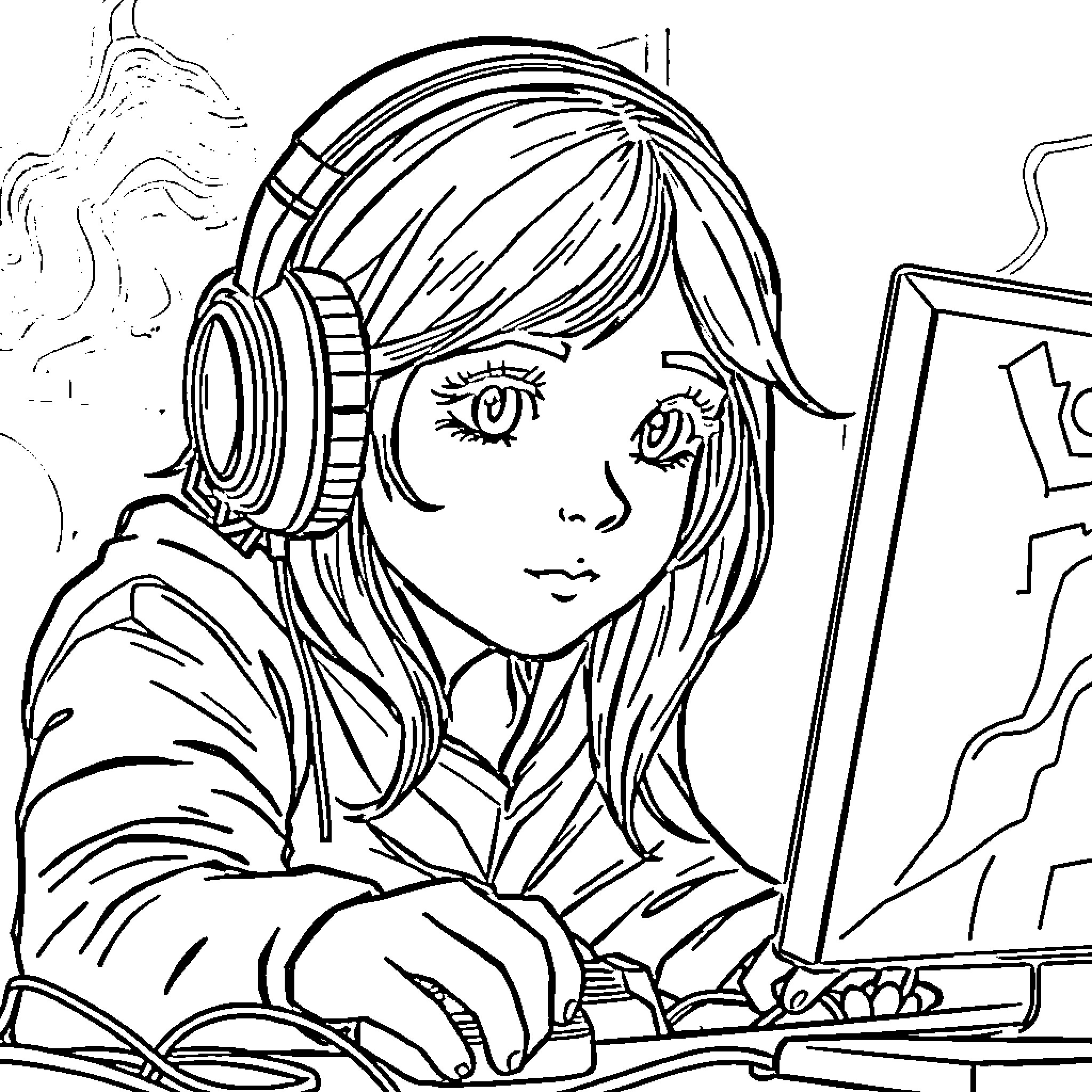 Gamer Girl Focused on Playing Video Game Coloring Page (free black-and-white line drawing printable PDF for all, from beginners to advanced learners, including children, teens, adults, and seniors)