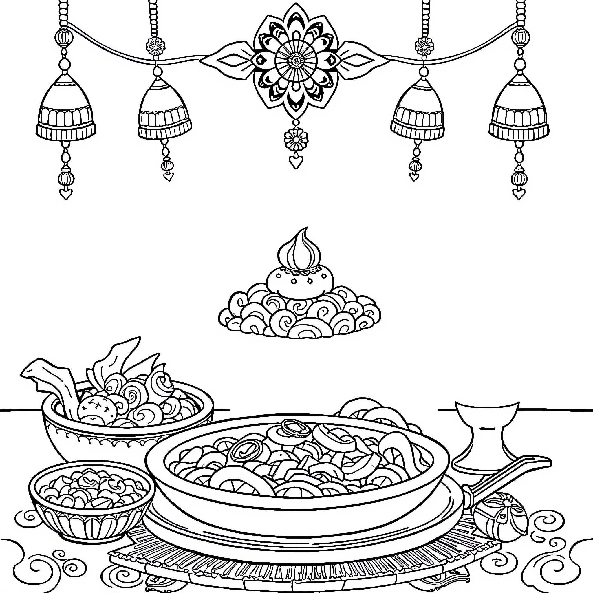 Menu of Ornate Indian Dishes and Decorations Coloring Page (free black-and-white line drawing printable PDF for all, from beginners to advanced learners, including children, teens, adults, and seniors)