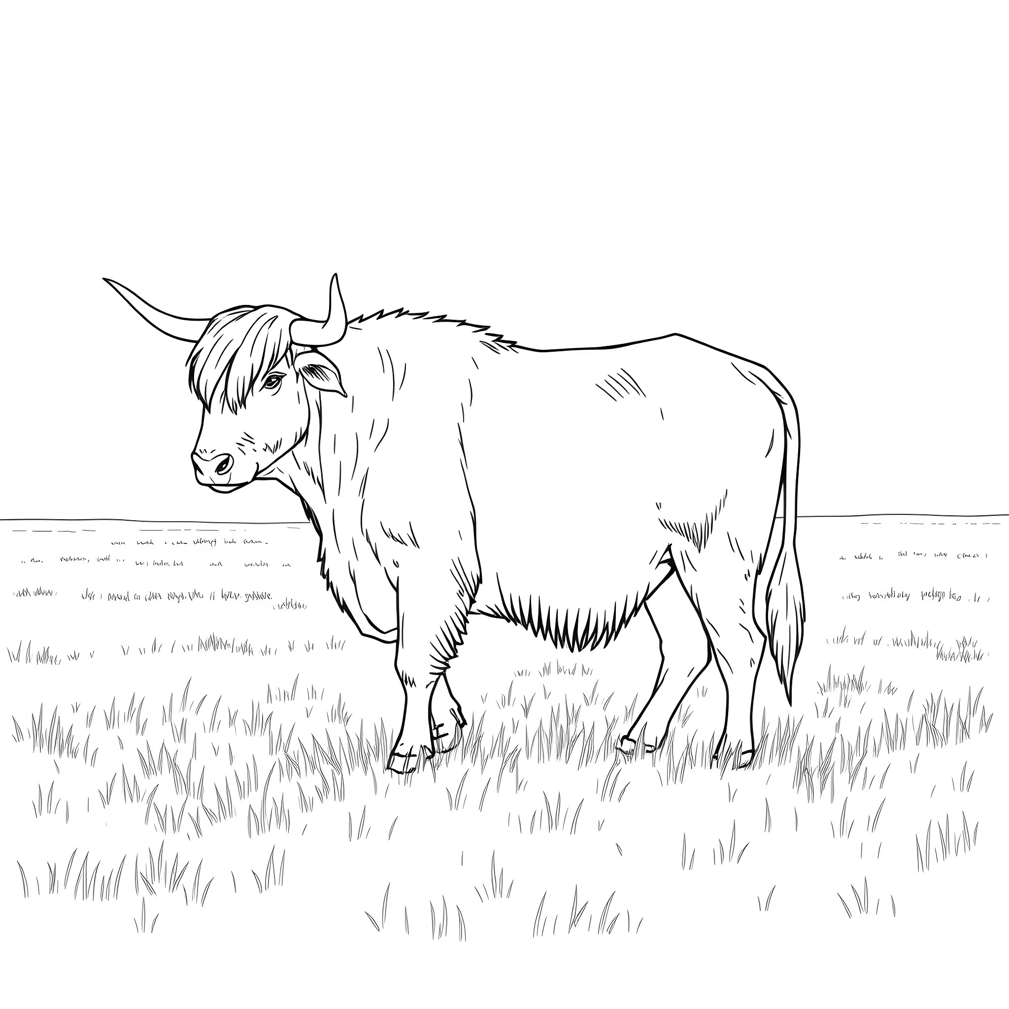 Yak standing in a grassy field Coloring Page (free black-and-white line drawing printable PDF for all, from beginners to advanced learners, including children, teens, adults, and seniors)