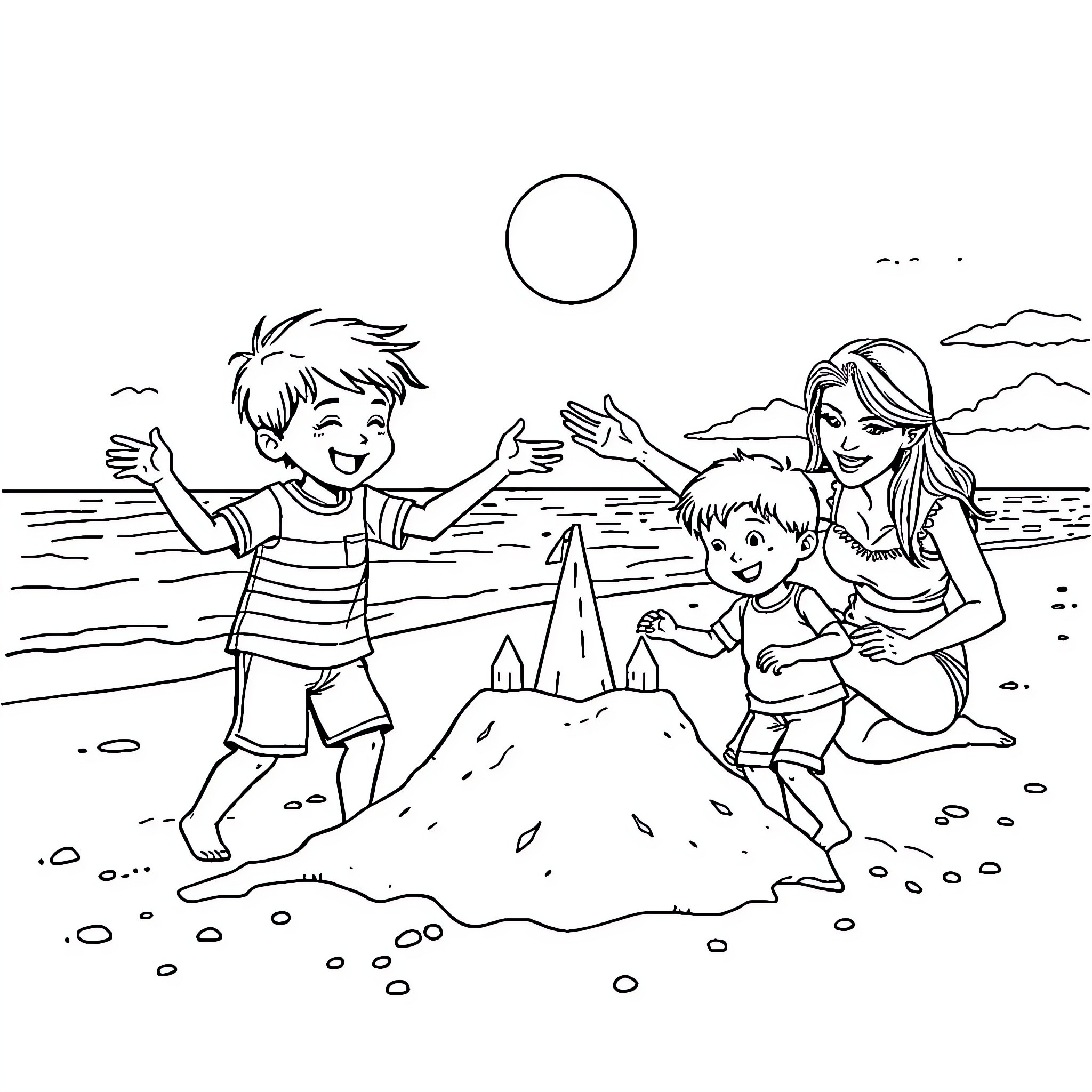 Boy builds sandcastle with family at beach Coloring Page (free black-and-white line drawing printable PDF for all, from beginners to advanced learners, including children, teens, adults, and seniors)