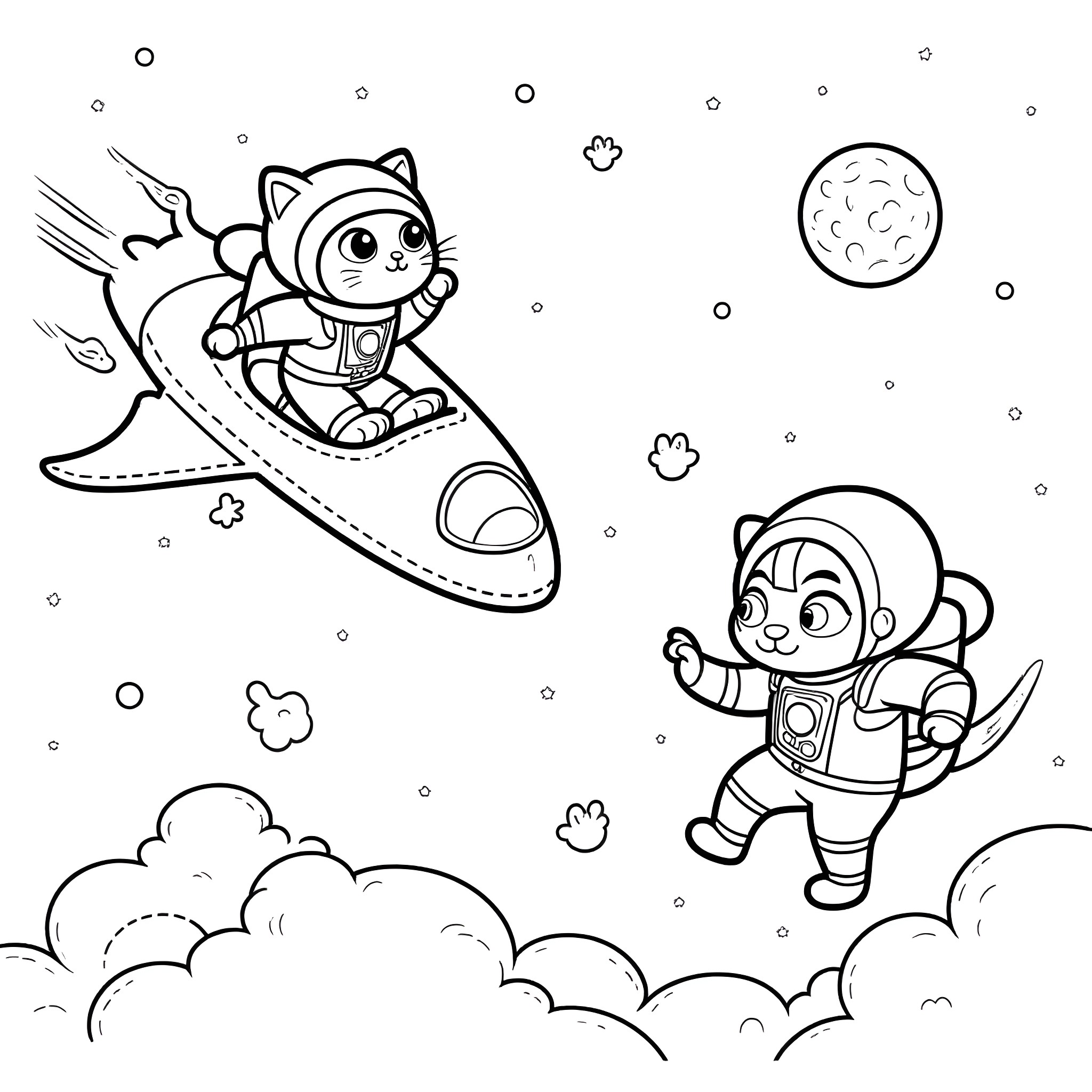 Cats in space exploration Coloring Page (free black-and-white line drawing printable PDF for all, from beginners to advanced learners, including children, teens, adults, and seniors)