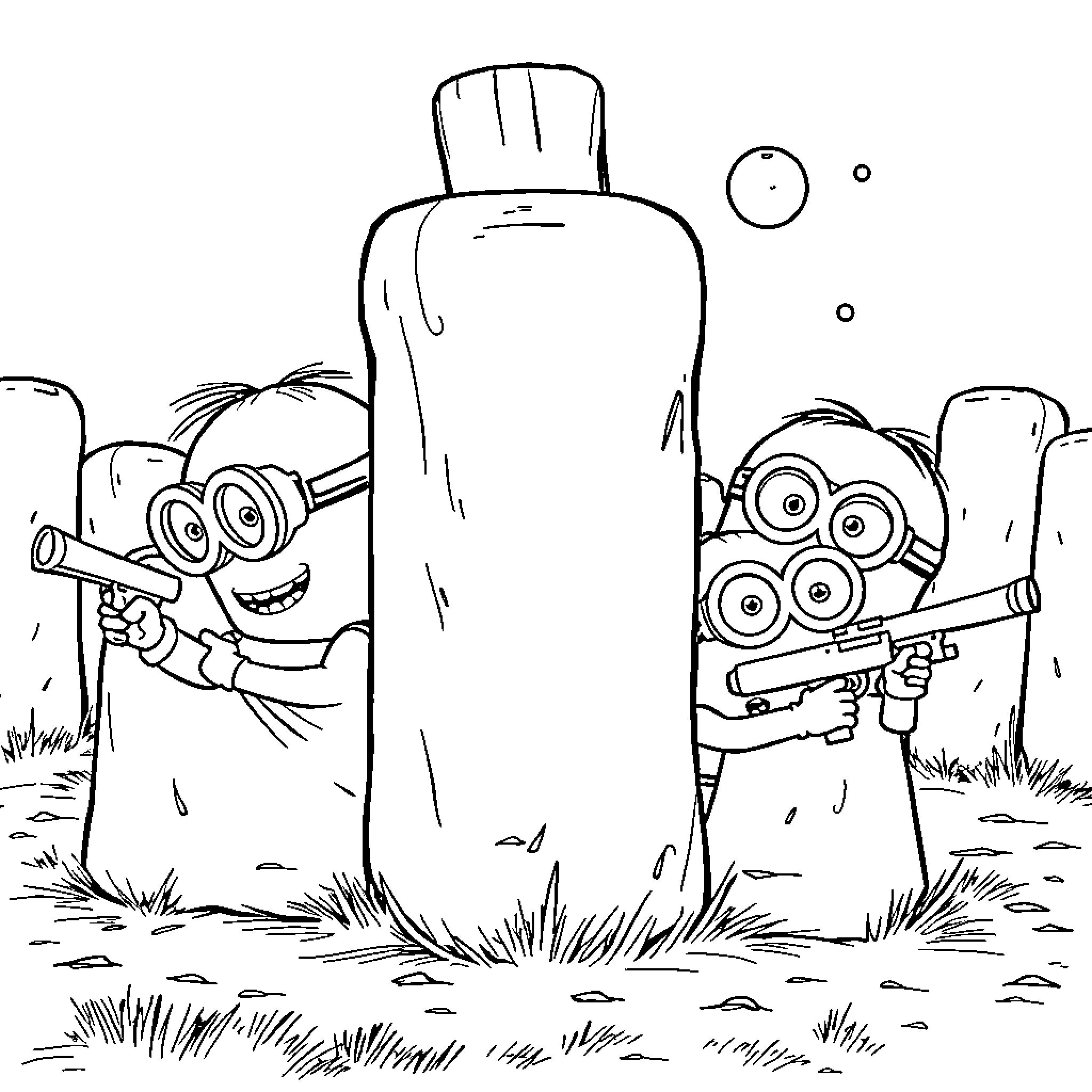 Minions having playful adventures outdoors Coloring Page (free black-and-white line drawing printable PDF for all, from beginners to advanced learners, including children, teens, adults, and seniors)