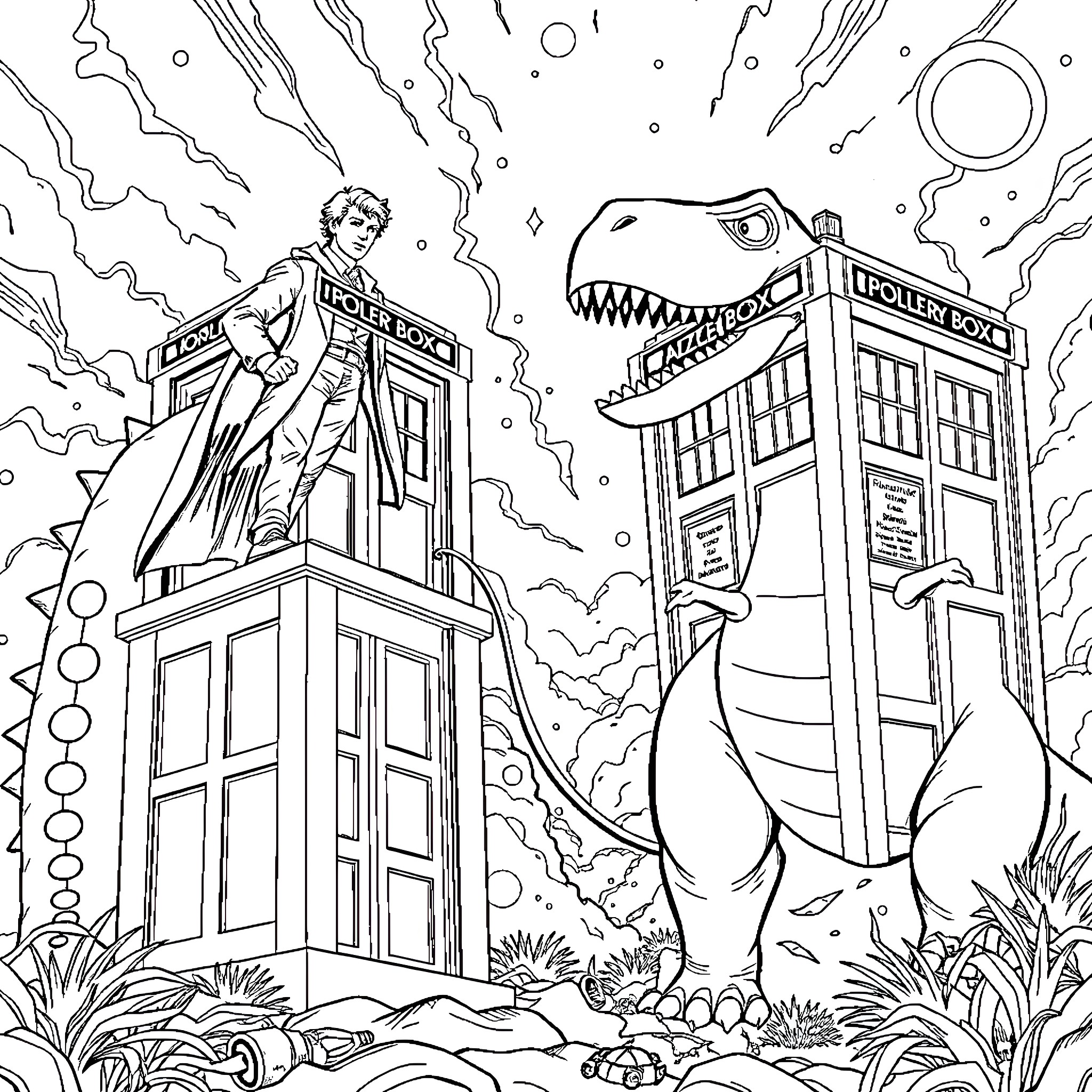 Doctor Battles Mysterious Creatures in Peculiar Setting Coloring Page (free black-and-white line drawing printable PDF for all, from beginners to advanced learners, including children, teens, adults, and seniors)