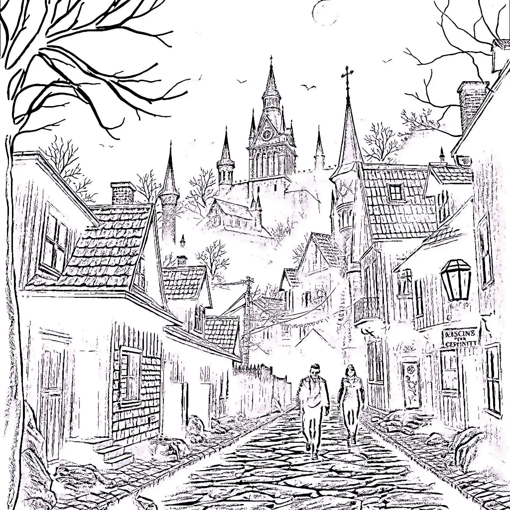 Silent Hill: Haunting Medieval Townscape Coloring Page (free black-and-white line drawing printable PDF for all, from beginners to advanced learners, including children, teens, adults, and seniors)