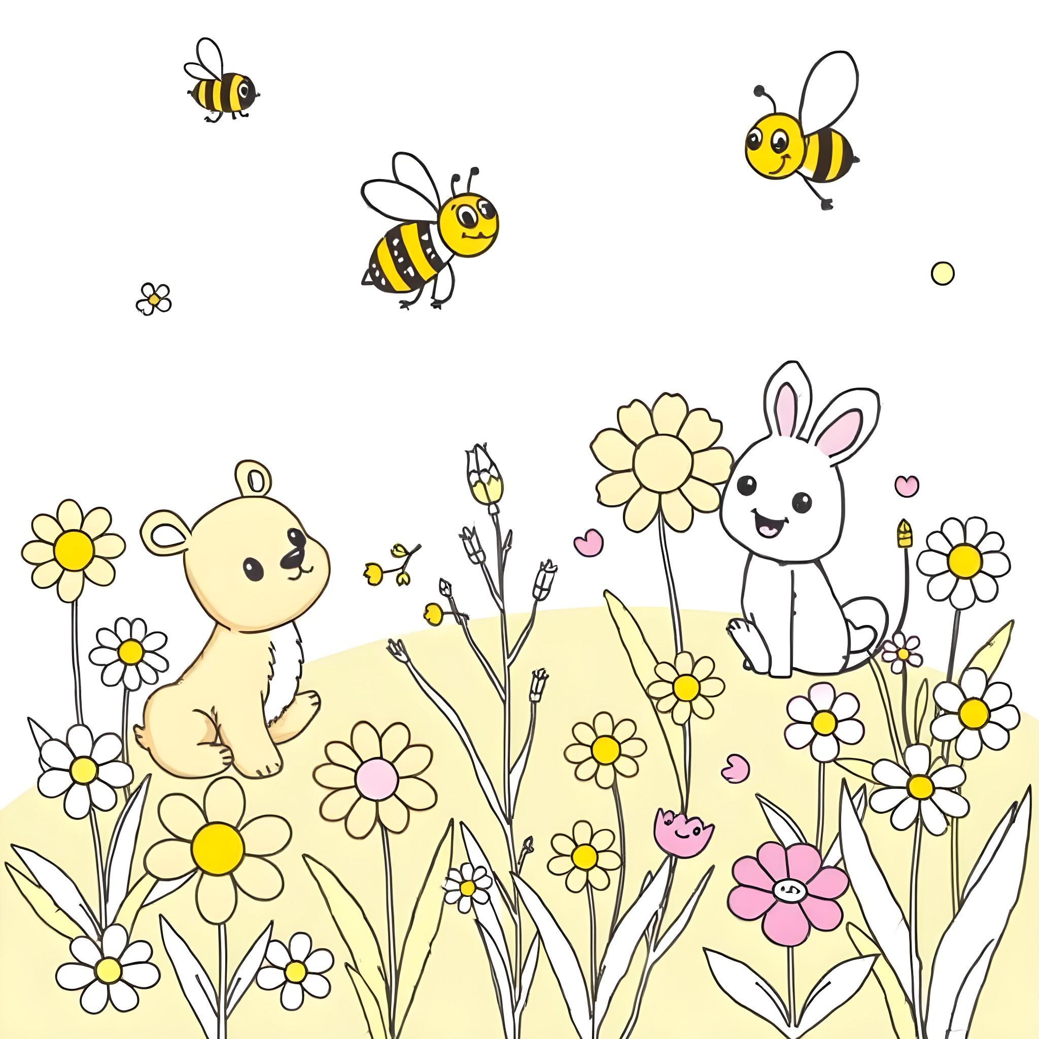 Animal friends in a flowery field Coloring Page (free black-and-white line drawing printable PDF for all, from beginners to advanced learners, including children, teens, adults, and seniors)