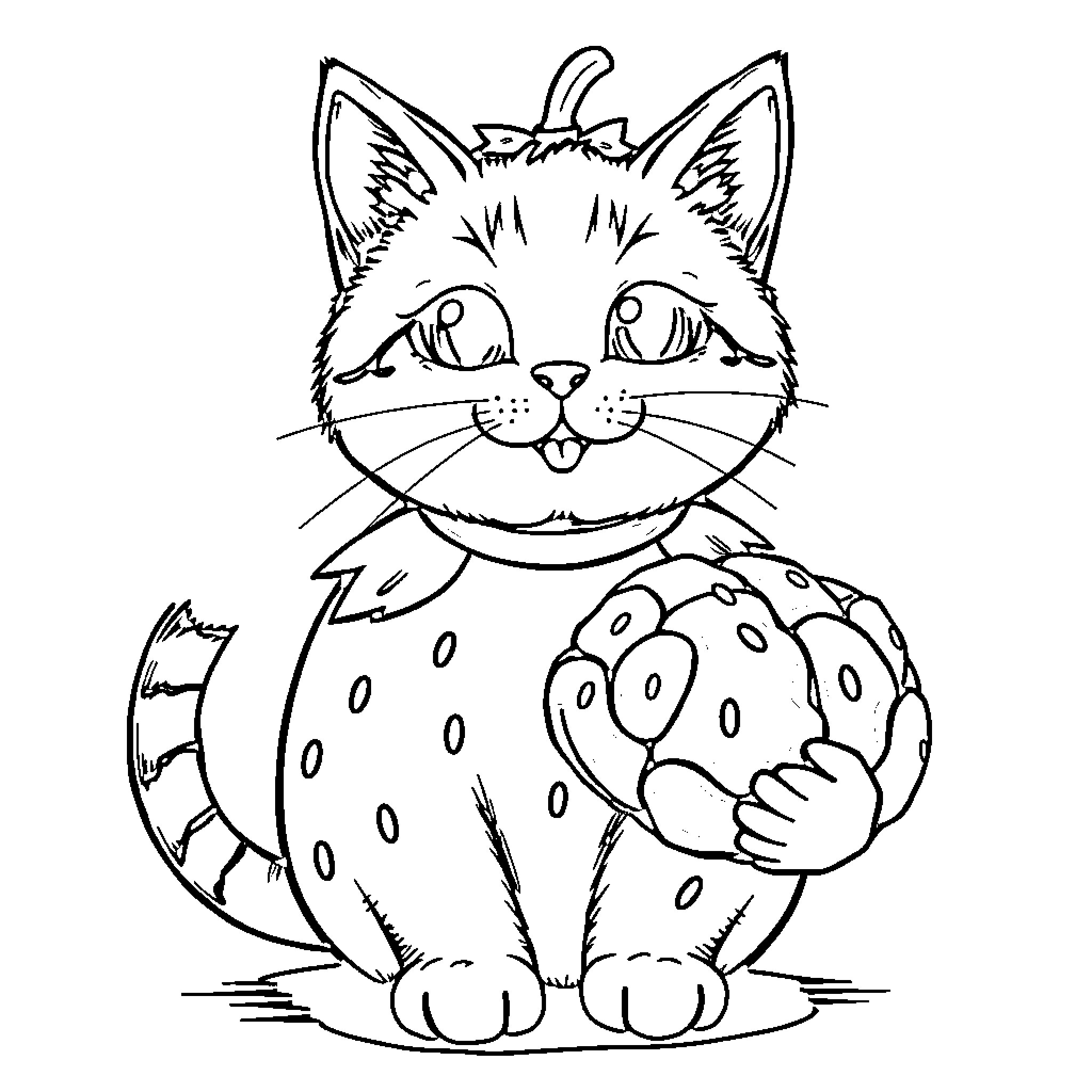 Cat in spotted outfit smiling Coloring Page (free black-and-white line drawing printable PDF for all, from beginners to advanced learners, including children, teens, adults, and seniors)
