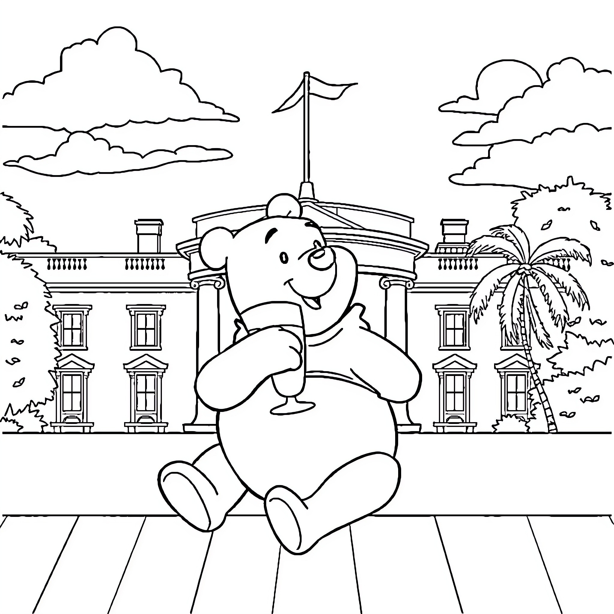 Pooh Bear exploring a tropical location Coloring Page (free black-and-white line drawing printable PDF for all, from beginners to advanced learners, including children, teens, adults, and seniors)