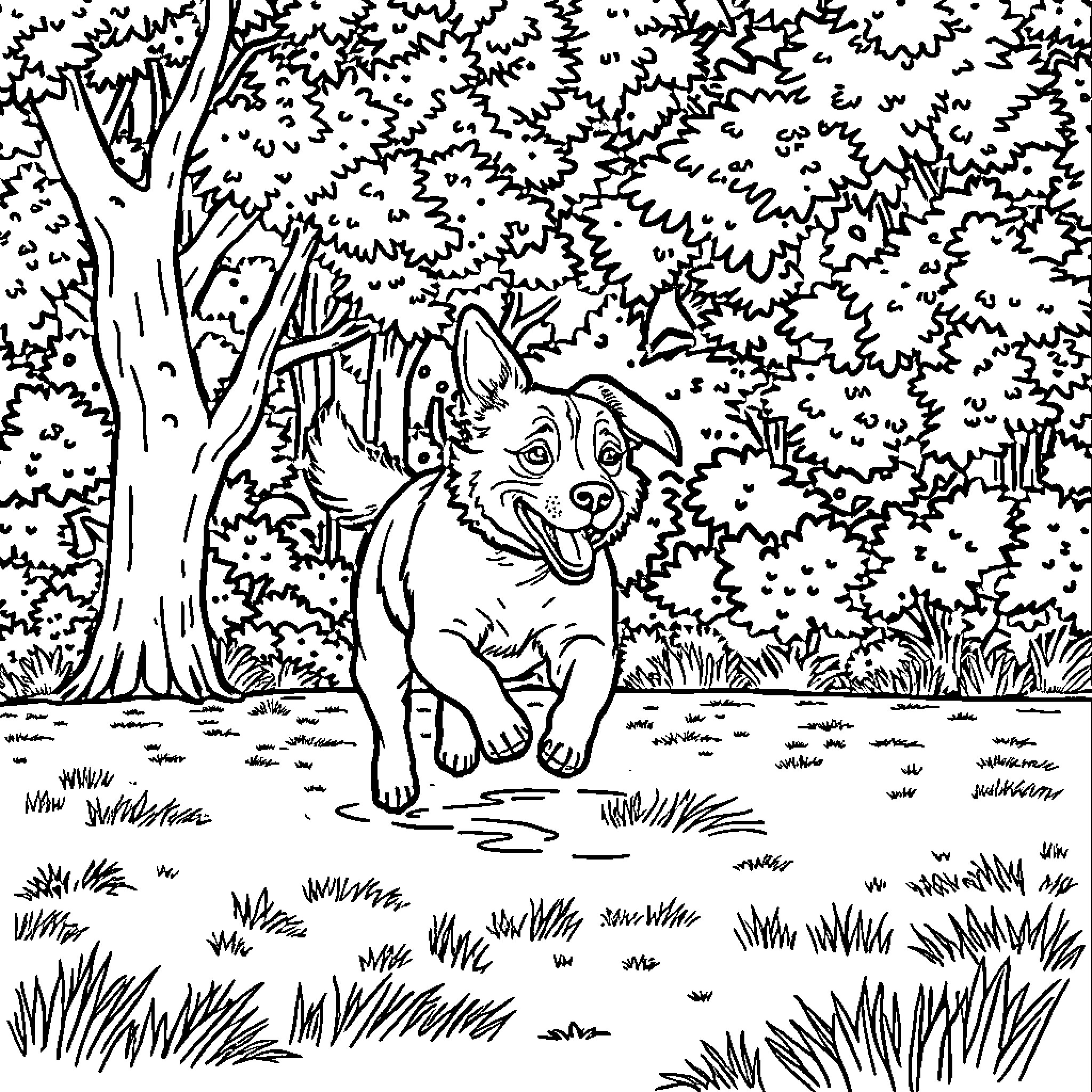 Dog exploring the forest with excitement Coloring Page (free black-and-white line drawing printable PDF for all, from beginners to advanced learners, including children, teens, adults, and seniors)