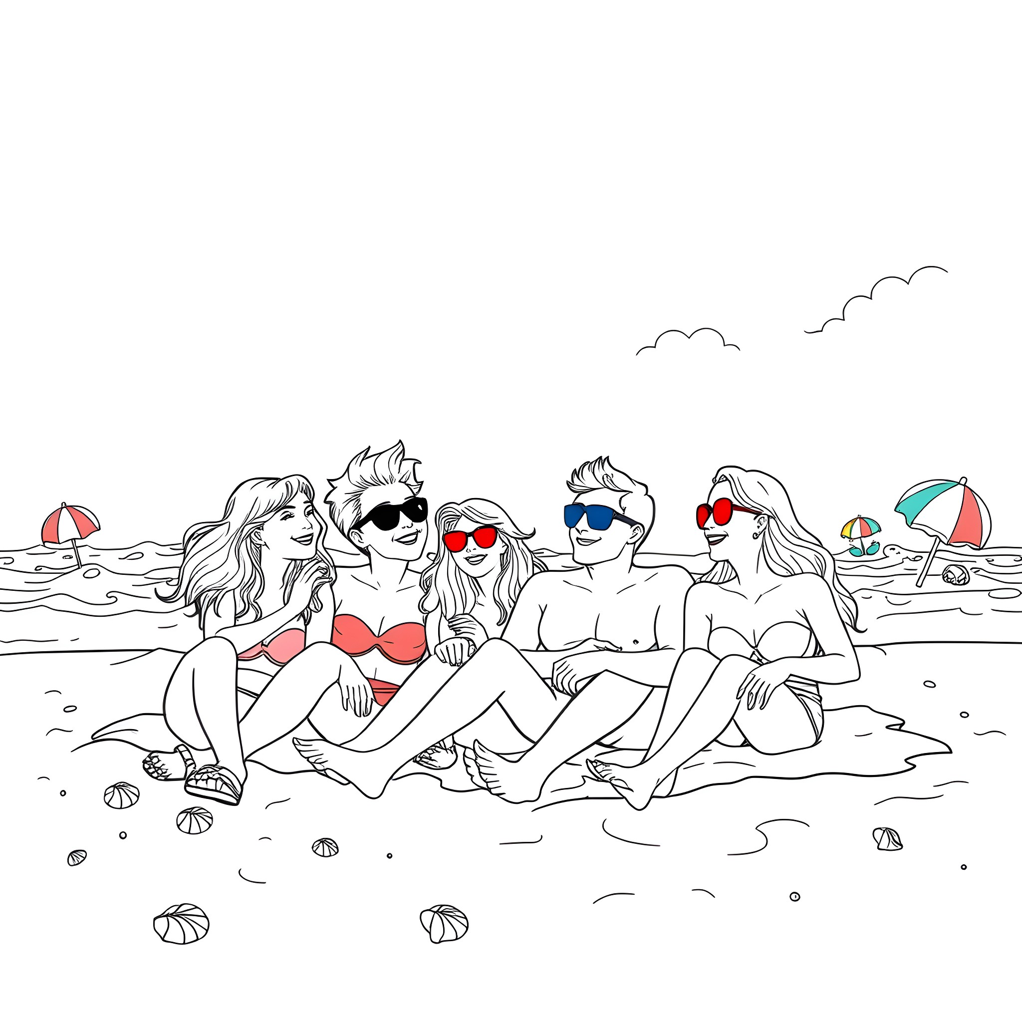 Friends enjoying a day at the beach Coloring Page (free black-and-white line drawing printable PDF for all, from beginners to advanced learners, including children, teens, adults, and seniors)