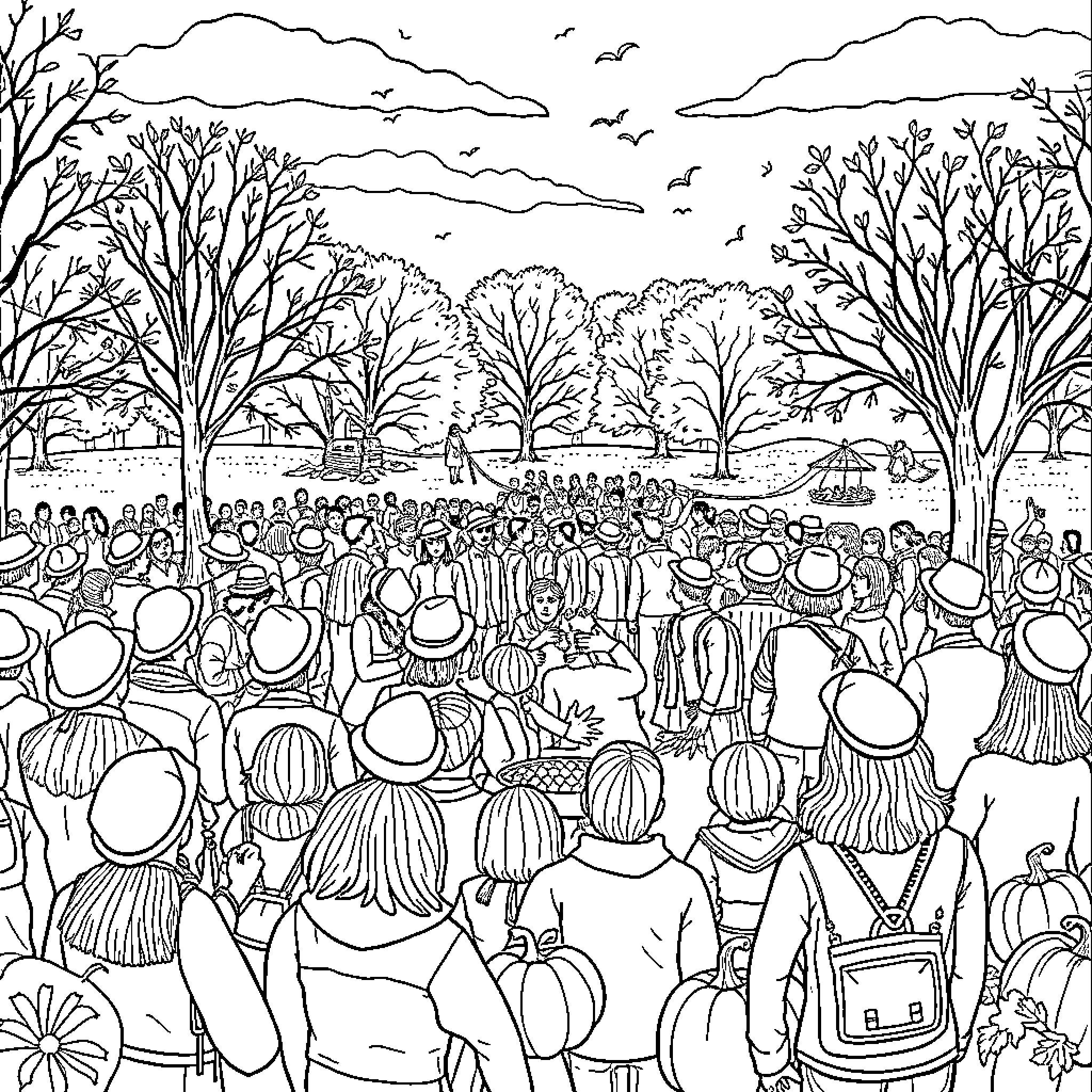 Thanksgiving Celebration in the Park Coloring Page (free black-and-white line drawing printable PDF for all, from beginners to advanced learners, including children, teens, adults, and seniors)