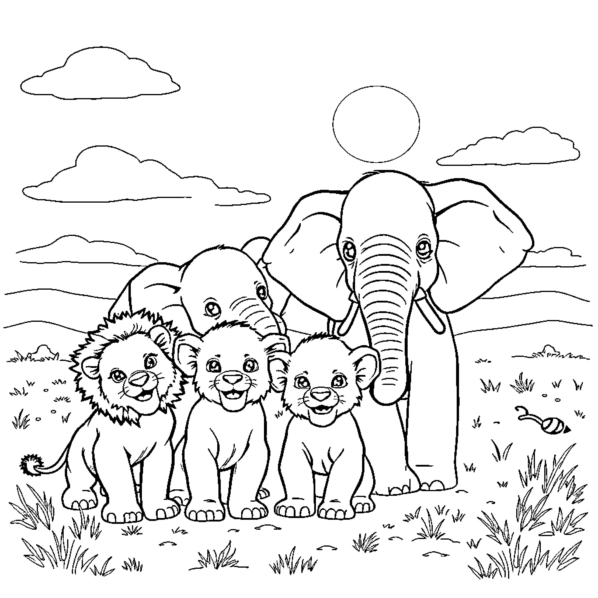 Baby Animal Family Playing in the Wild Coloring Page (free black-and-white line drawing printable PDF for all, from beginners to advanced learners, including children, teens, adults, and seniors)