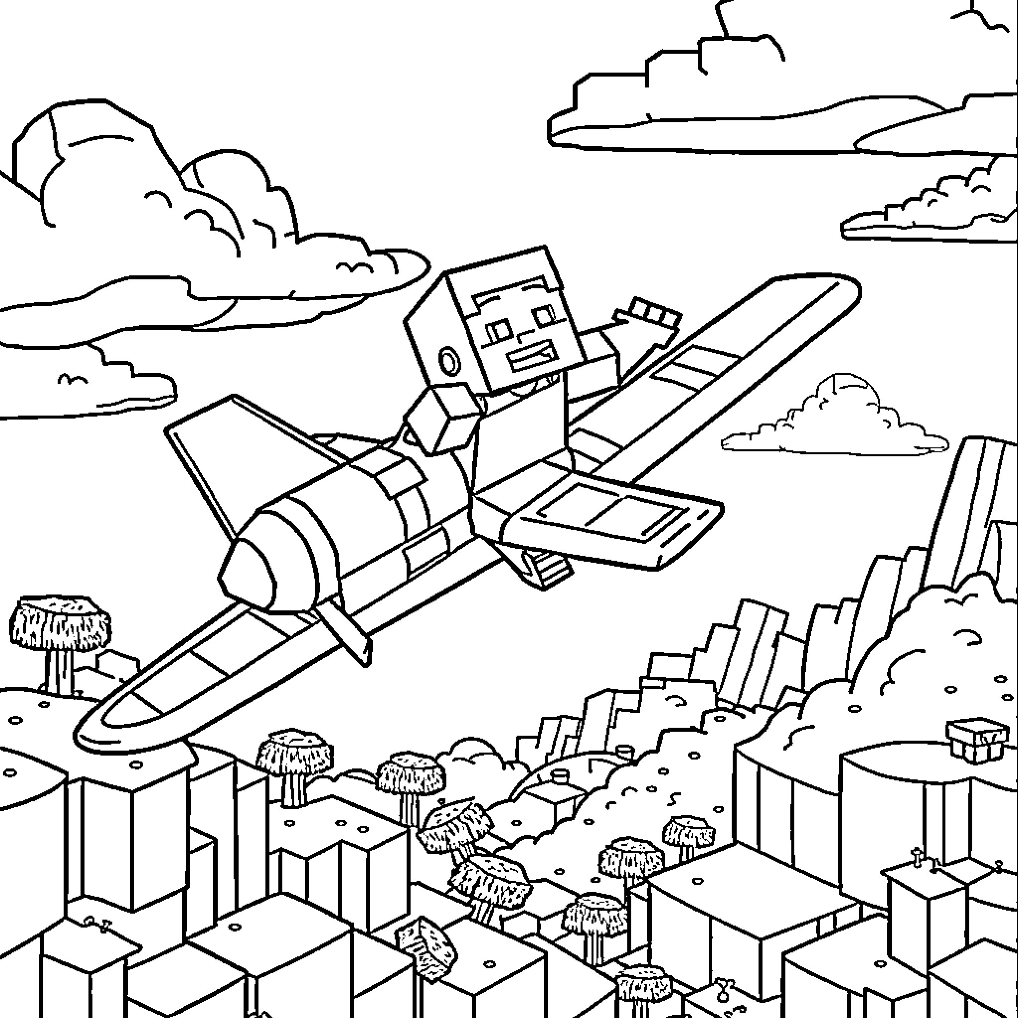 Minecraft character riding a futuristic aircraft over a cityscape Coloring Page (free black-and-white line drawing printable PDF for all, from beginners to advanced learners, including children, teens, adults, and seniors)