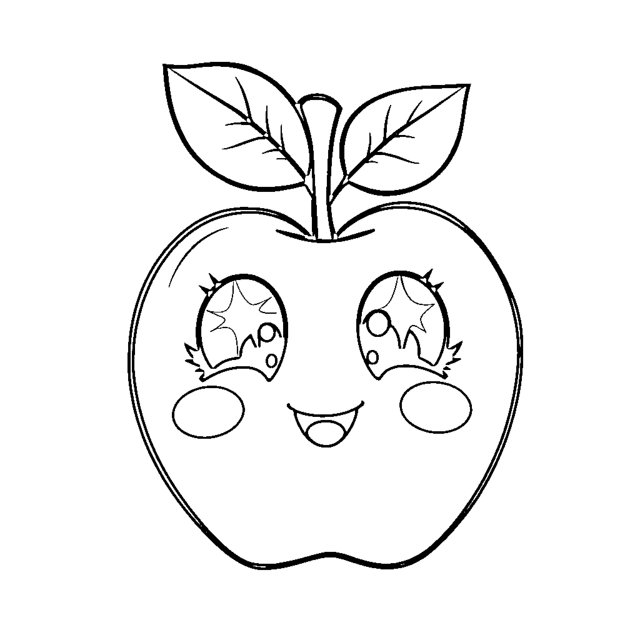 Apple with a cute, happy expression Coloring Page (free black-and-white line drawing printable PDF for all, from beginners to advanced learners, including children, teens, adults, and seniors)