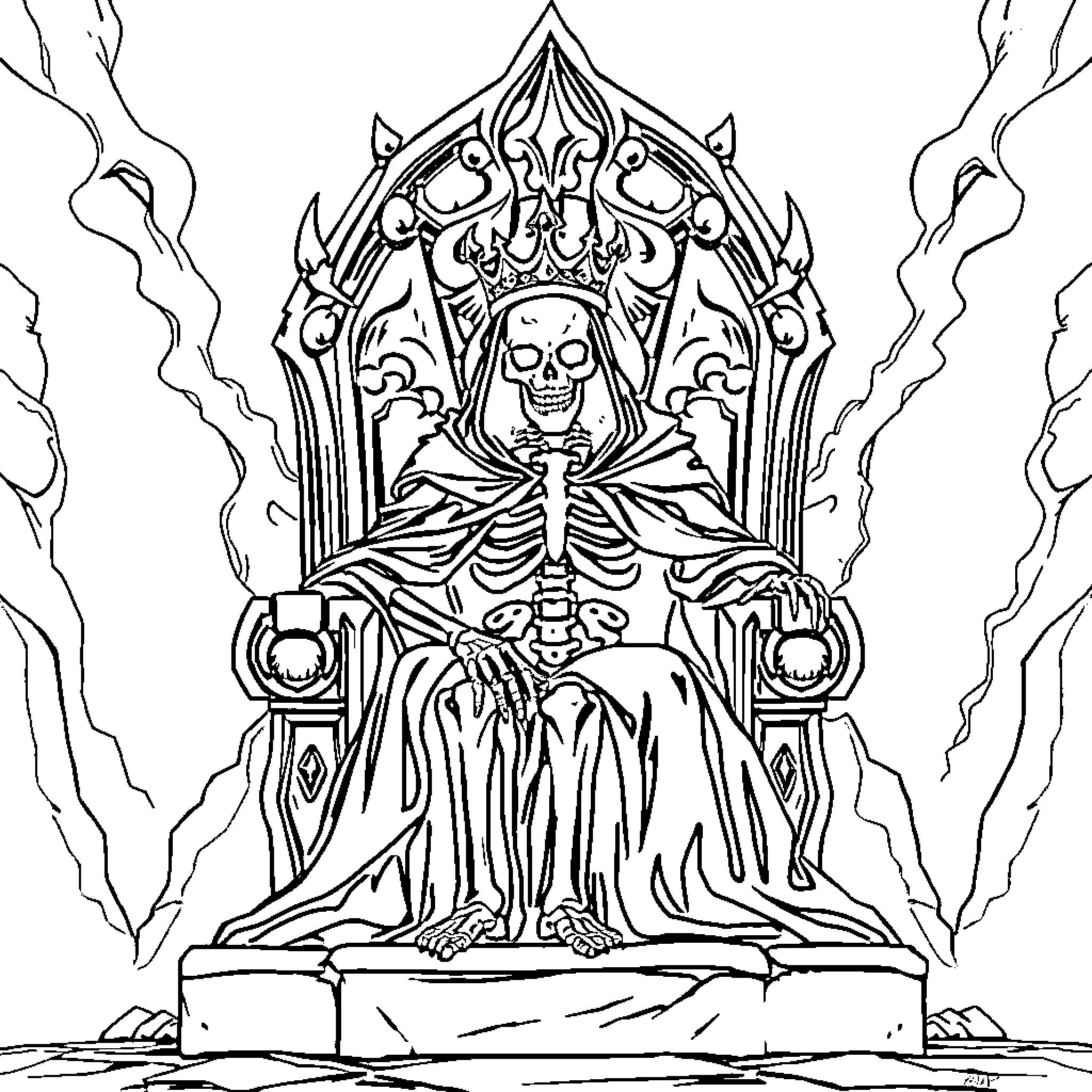 Skeleton Ruler on an Ornate Gothic Throne Coloring Page (free black-and-white line drawing printable PDF for all, from beginners to advanced learners, including children, teens, adults, and seniors)