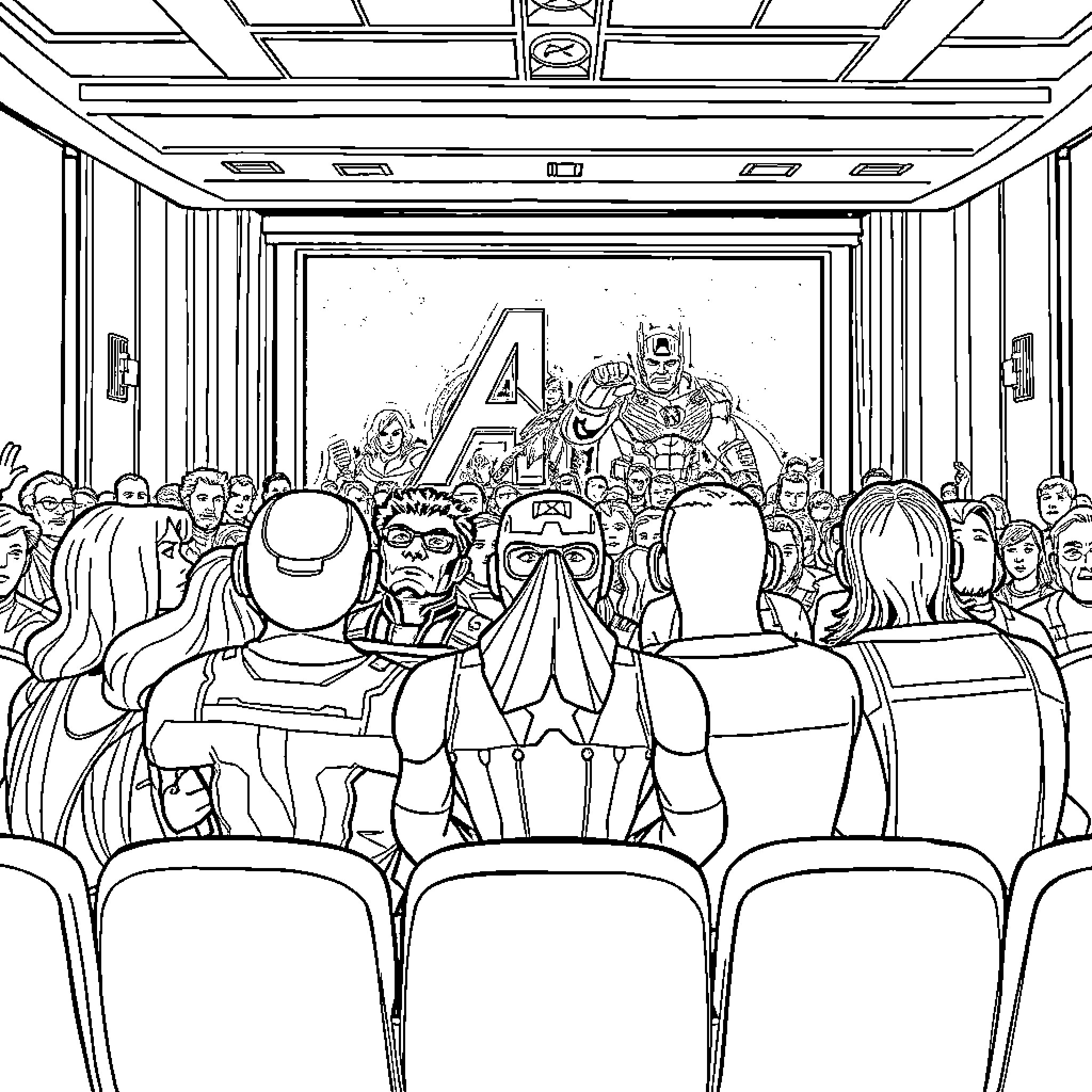 Avenger characters in an audience gathering Coloring Page (free black-and-white line drawing printable PDF for all, from beginners to advanced learners, including children, teens, adults, and seniors)