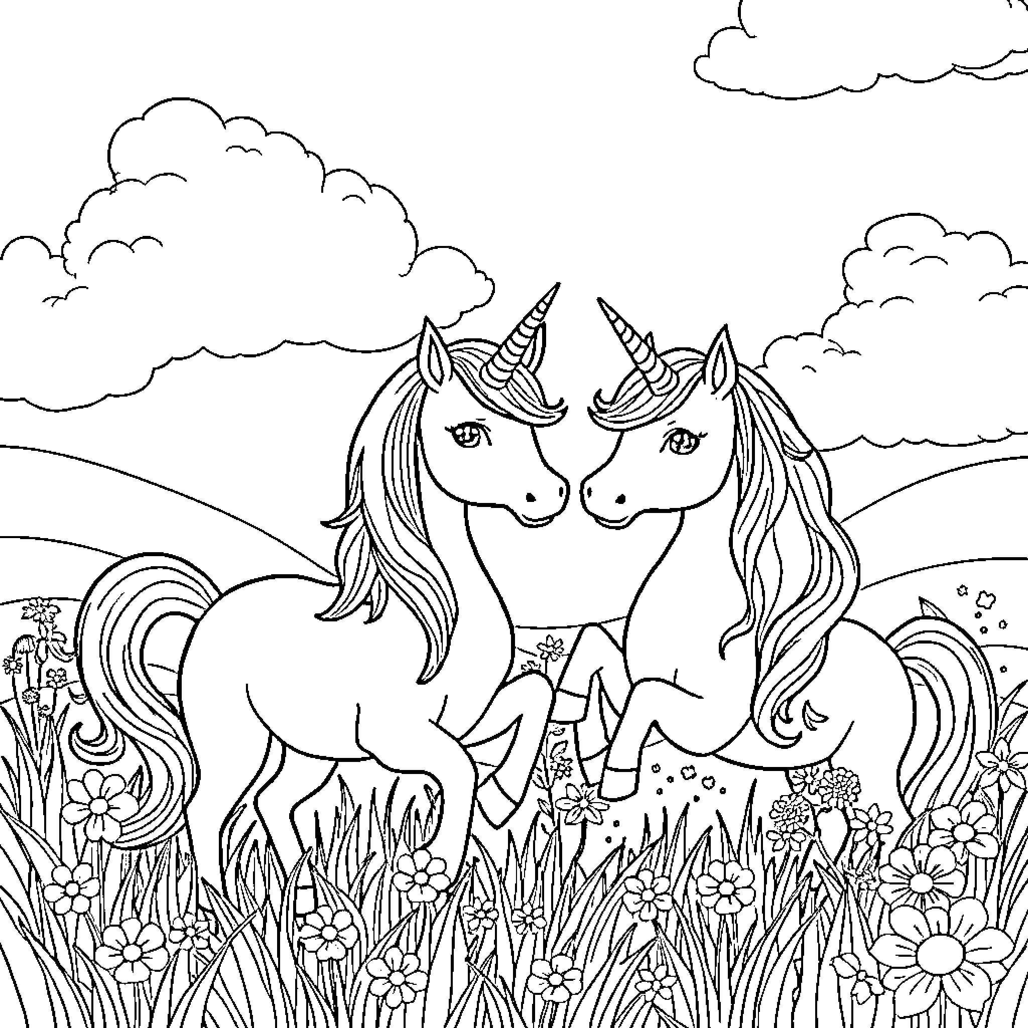 Unicorn pair frolicking amidst lush foliage Coloring Page (free black-and-white line drawing printable PDF for all, from beginners to advanced learners, including children, teens, adults, and seniors)