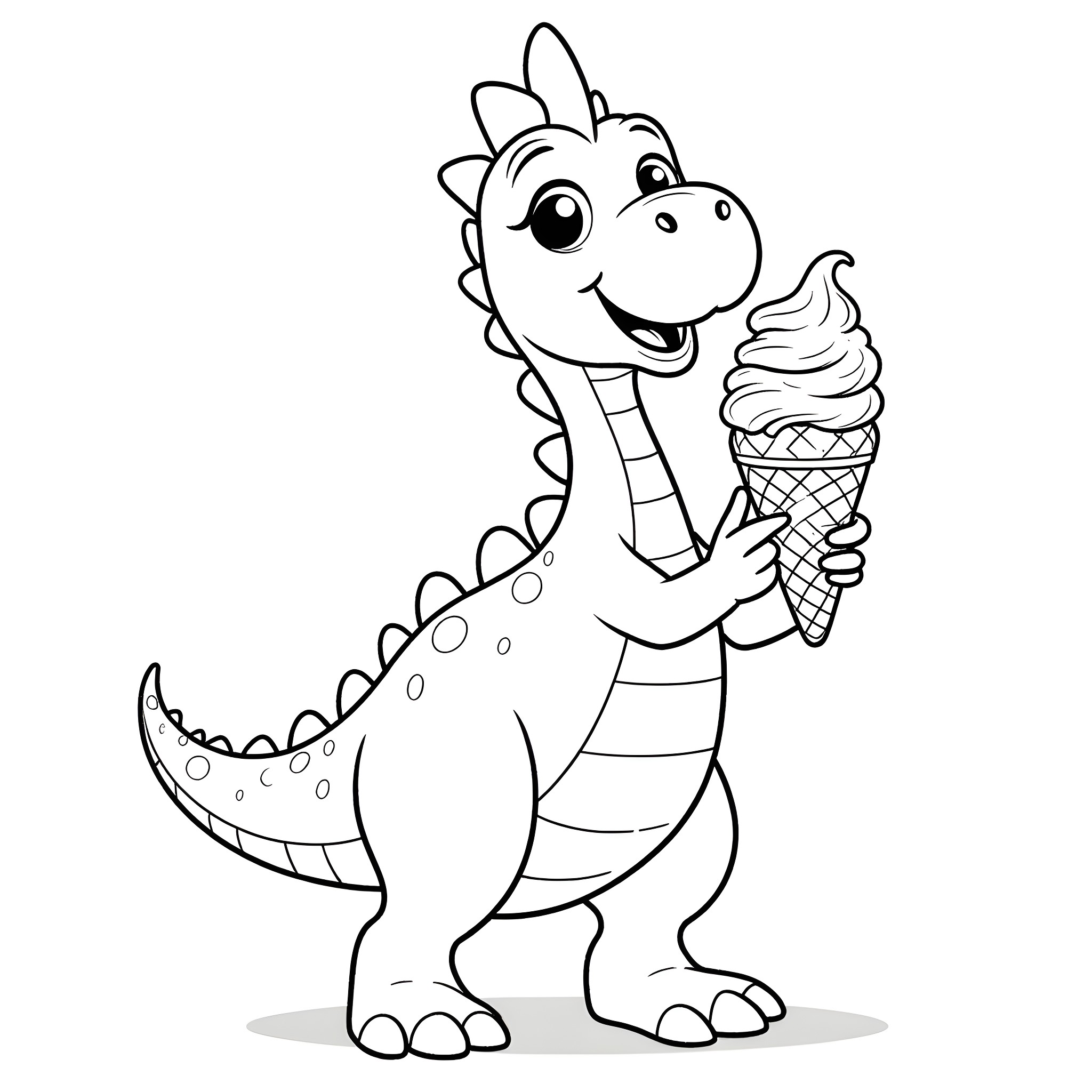 Dinosaur holding ice cream cone and smiling Coloring Page (free black-and-white line drawing printable PDF for all, from beginners to advanced learners, including children, teens, adults, and seniors)