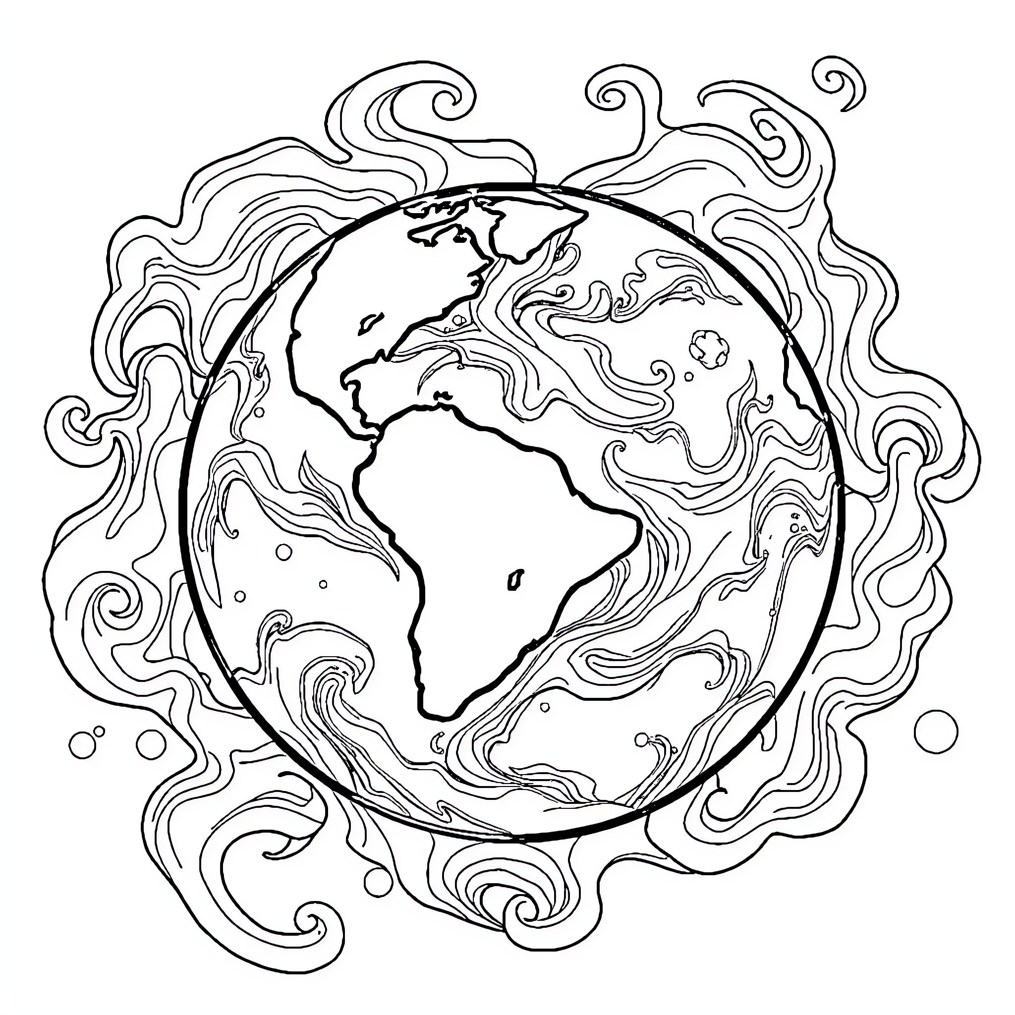 Earth's swirling patterns and elements Coloring Page (free black-and-white line drawing printable PDF for all, from beginners to advanced learners, including children, teens, adults, and seniors)