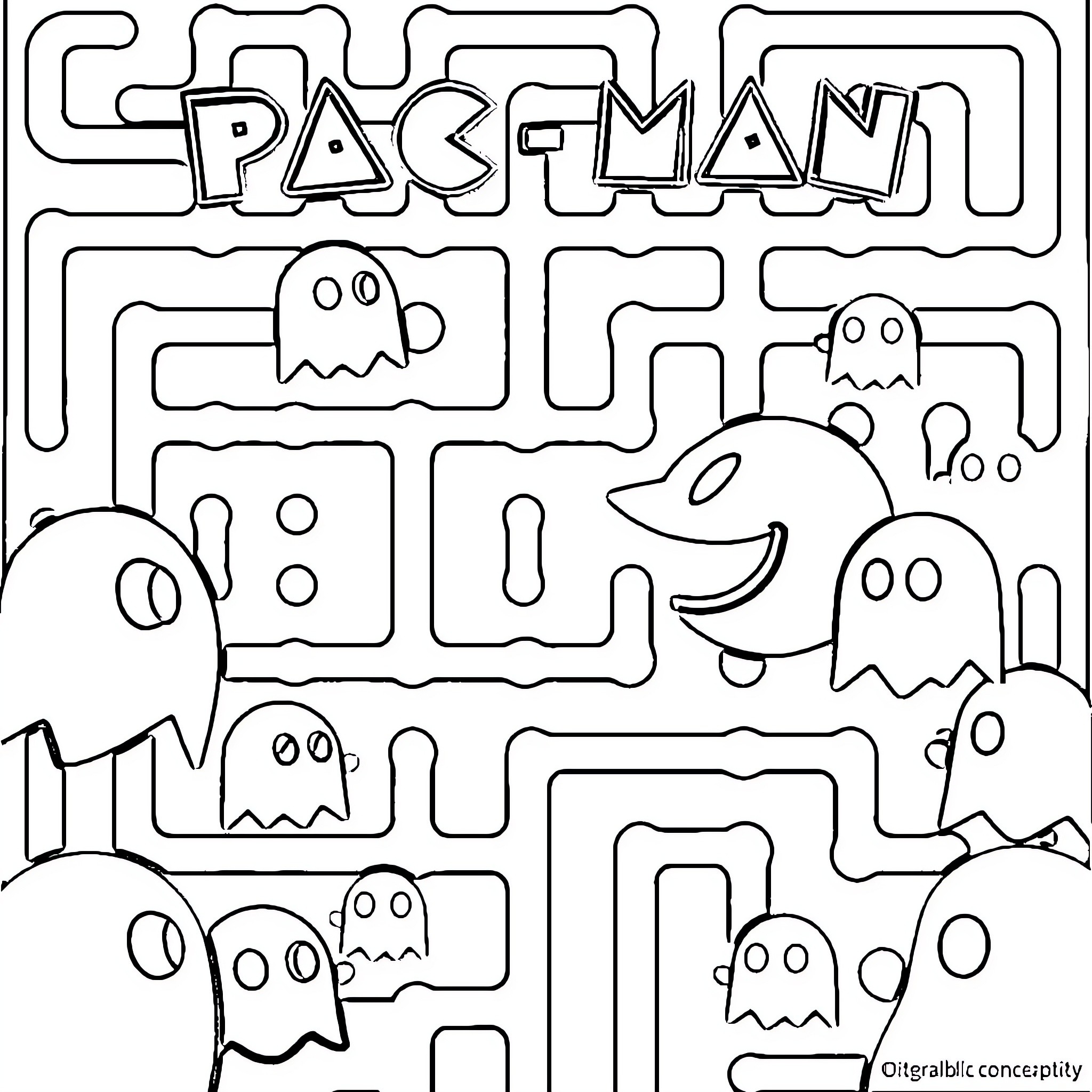 Pacman exploring the maze with ghosts Coloring Page (free black-and-white line drawing printable PDF for all, from beginners to advanced learners, including children, teens, adults, and seniors)