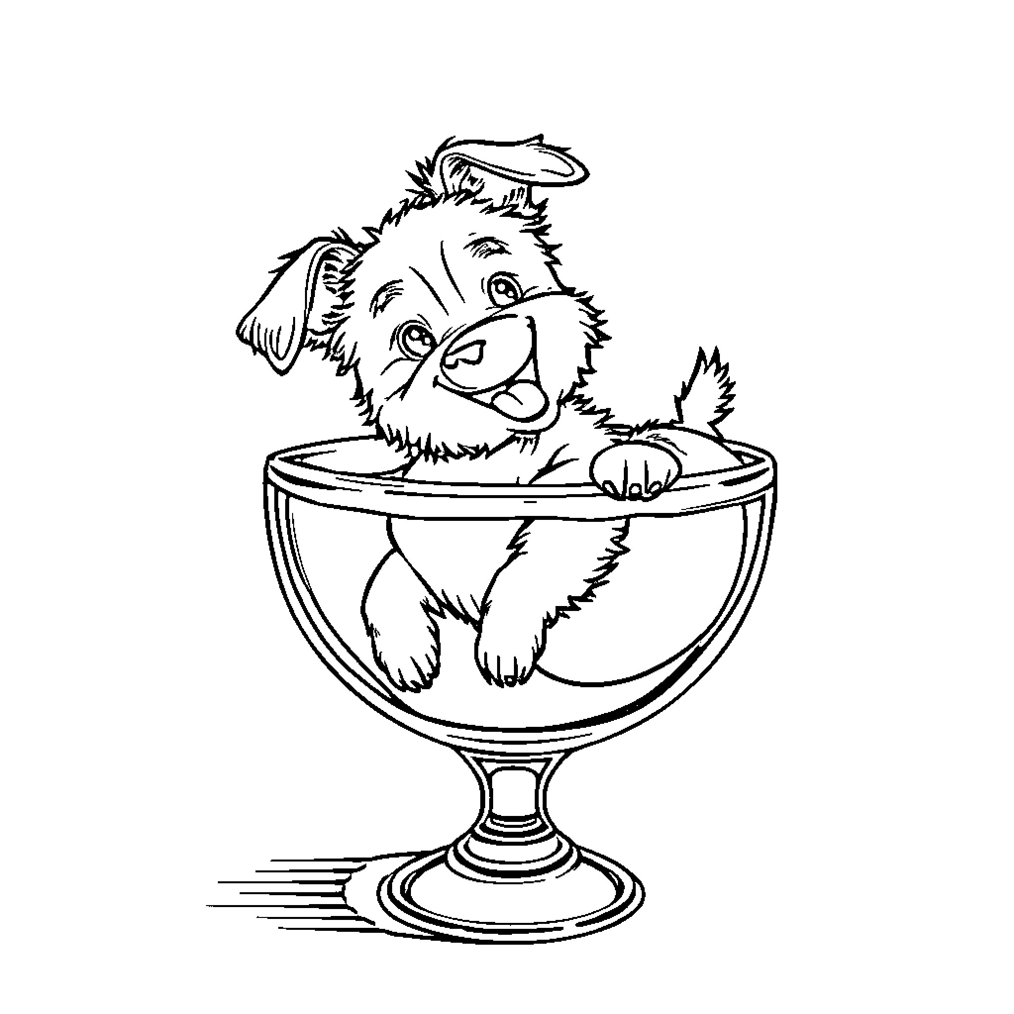 Dog playing happily in a glass bowl Coloring Page (free black-and-white line drawing printable PDF for all, from beginners to advanced learners, including children, teens, adults, and seniors)