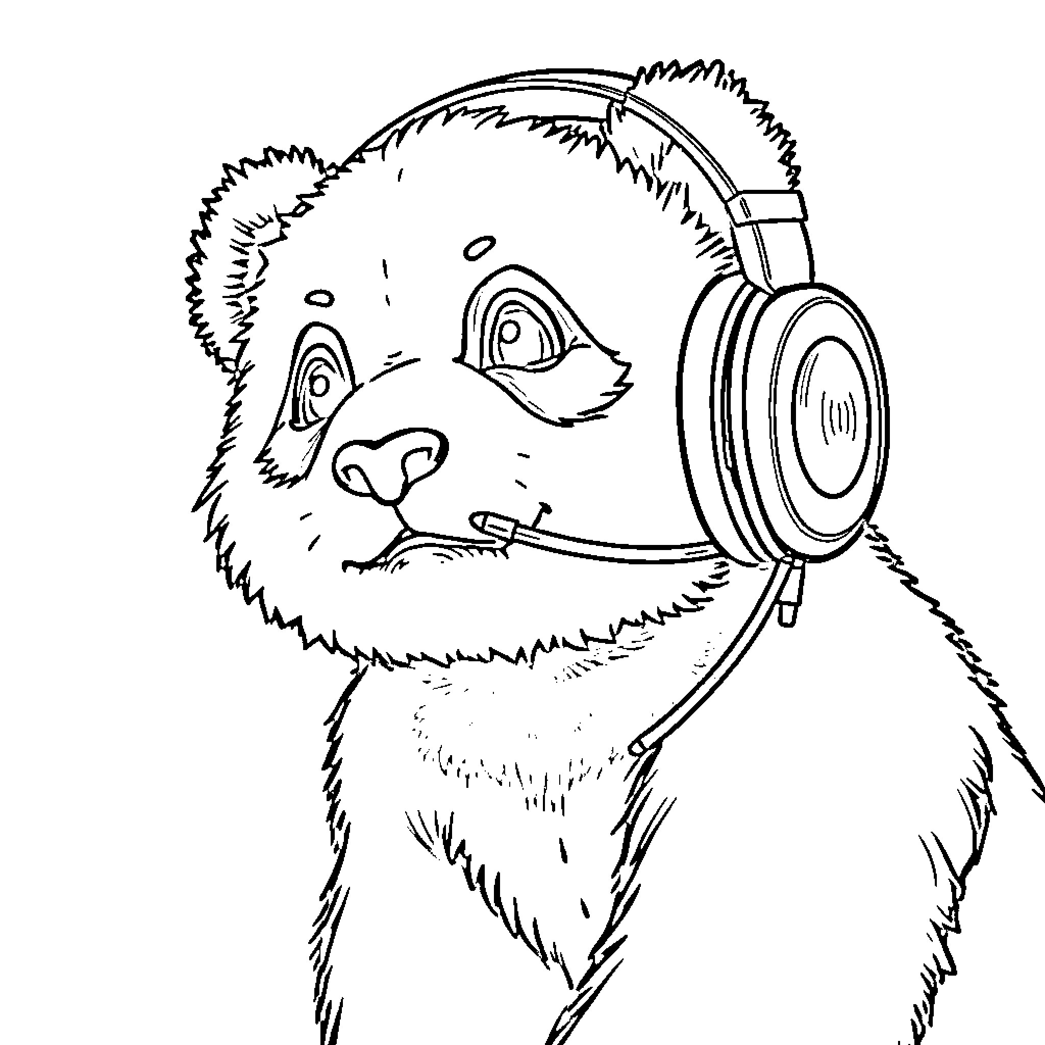 Panda listening to music with headphones Coloring Page (free black-and-white line drawing printable PDF for all, from beginners to advanced learners, including children, teens, adults, and seniors)
