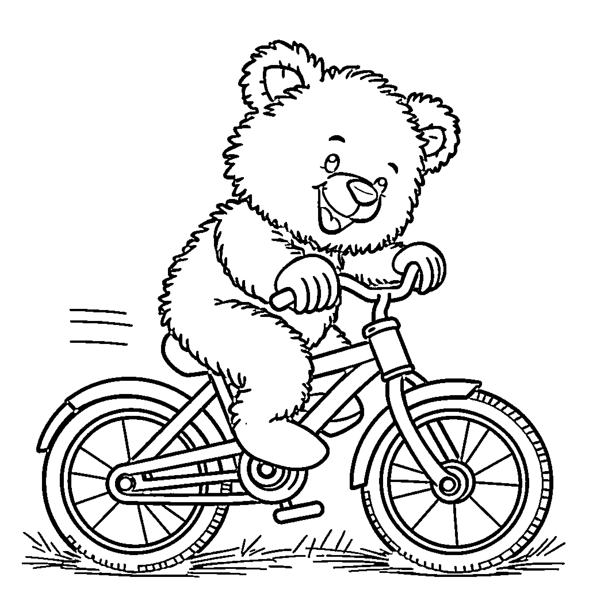 Teddy Bear riding a bicycle happily Coloring Page (free black-and-white line drawing printable PDF for all, from beginners to advanced learners, including children, teens, adults, and seniors)