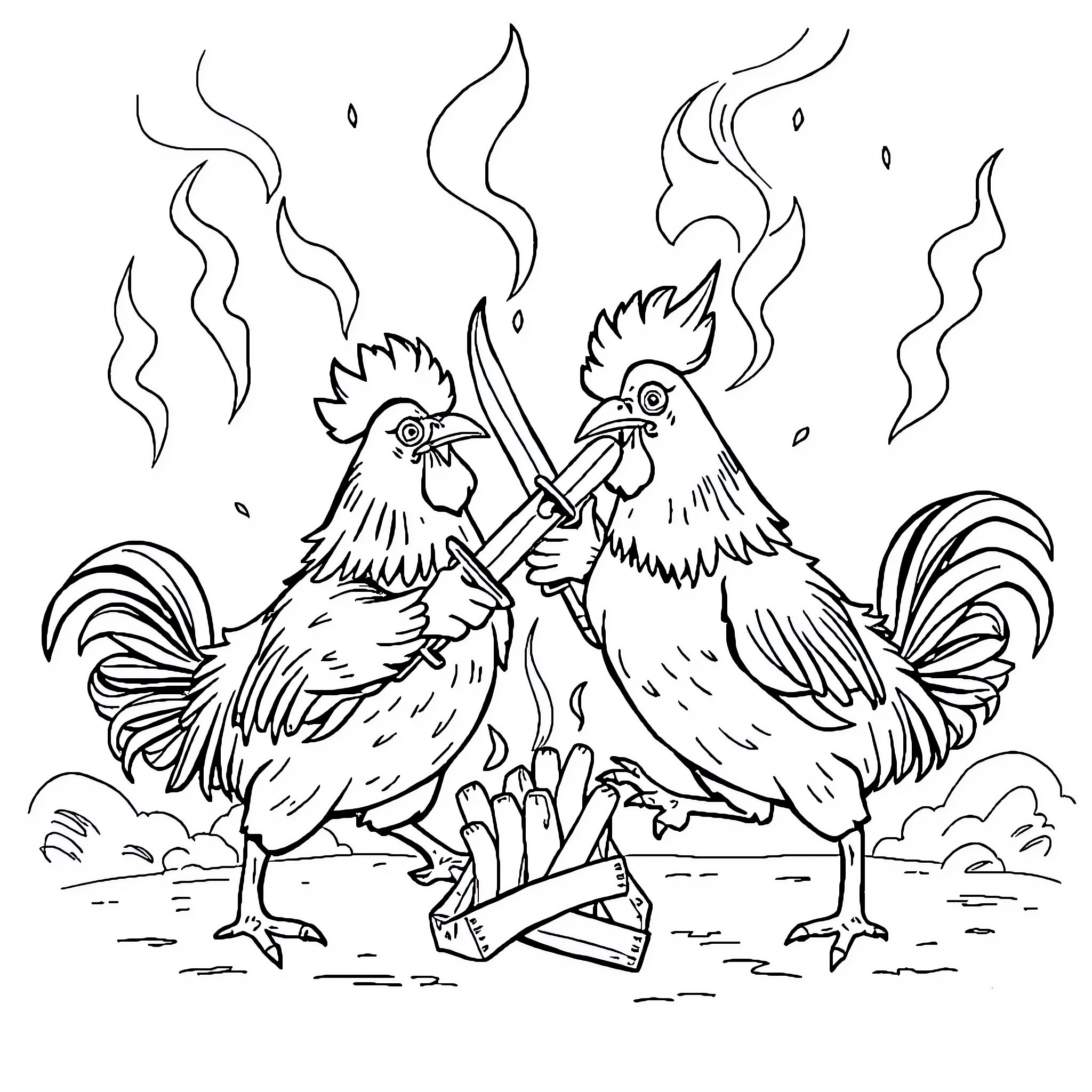 Chicken duo in a heated argument Coloring Page (free black-and-white line drawing printable PDF for all, from beginners to advanced learners, including children, teens, adults, and seniors)