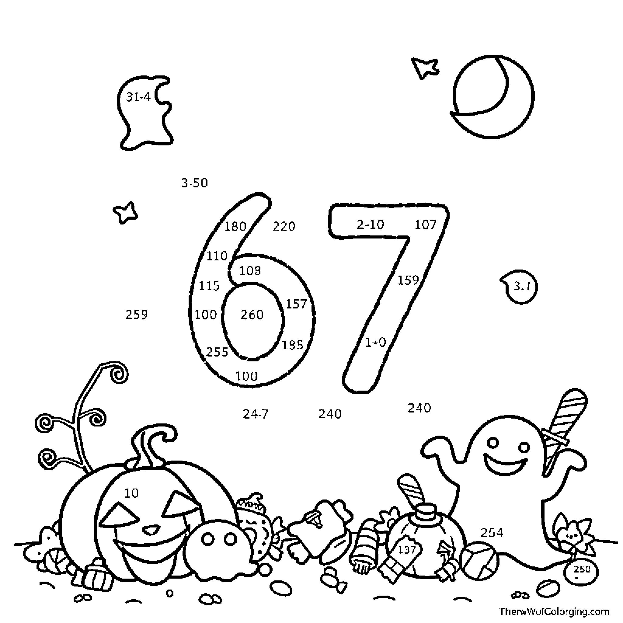 Number 67: Whimsical Halloween Scene Coloring Page (free black-and-white line drawing printable PDF for all, from beginners to advanced learners, including children, teens, adults, and seniors)